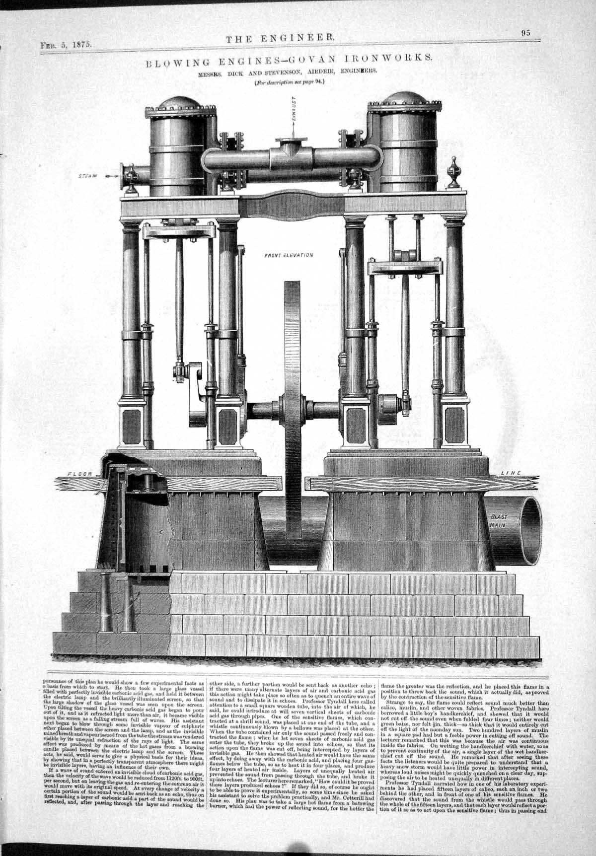 Antique Old Print 1875 Blowing Engines Govan Ironworks Dick Stevenson Airdrie