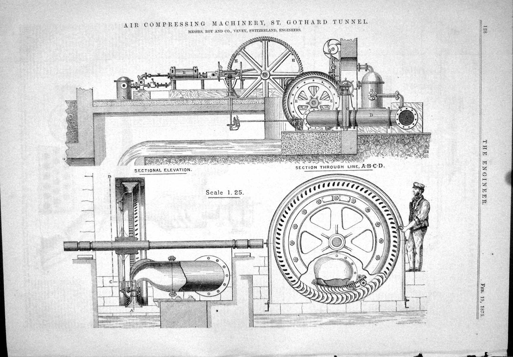 Antique Old Print 1875 Air Compressing Machinery St. Gothard Tunnel Roy Vevey