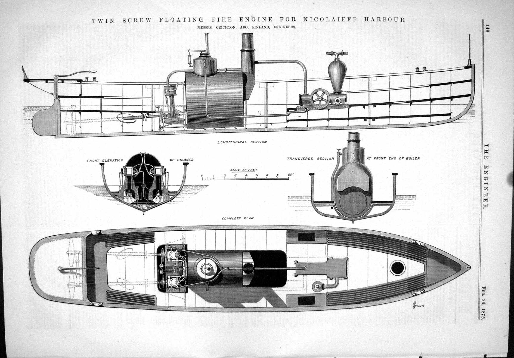 Old 1875 Twin Screw Floating Fire Engine Nicolaieff Harbour Crichton Victorian