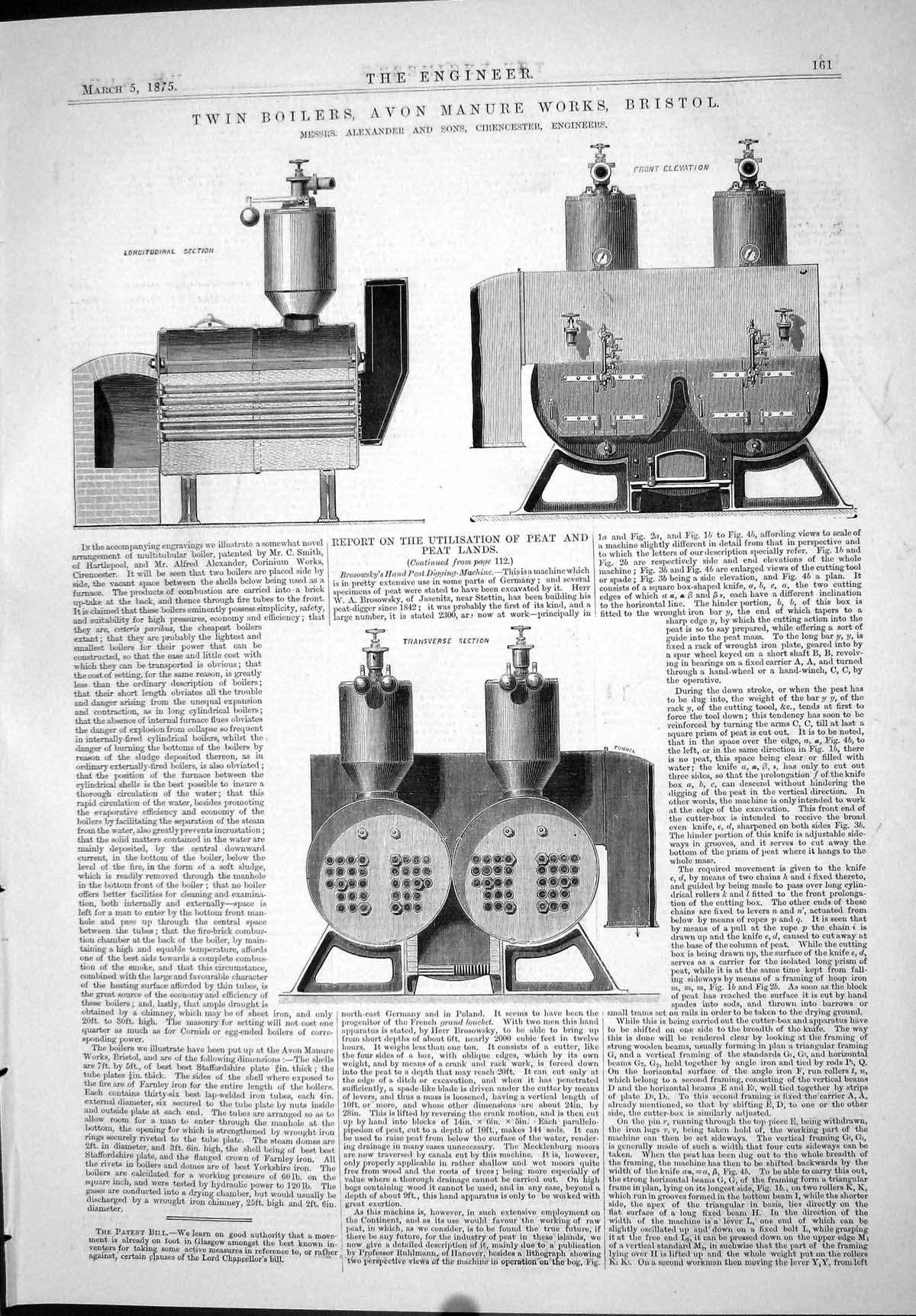 Old Print 1875 Twin Boilers Avon Manure Works Bristol Alexander Machinery 19th