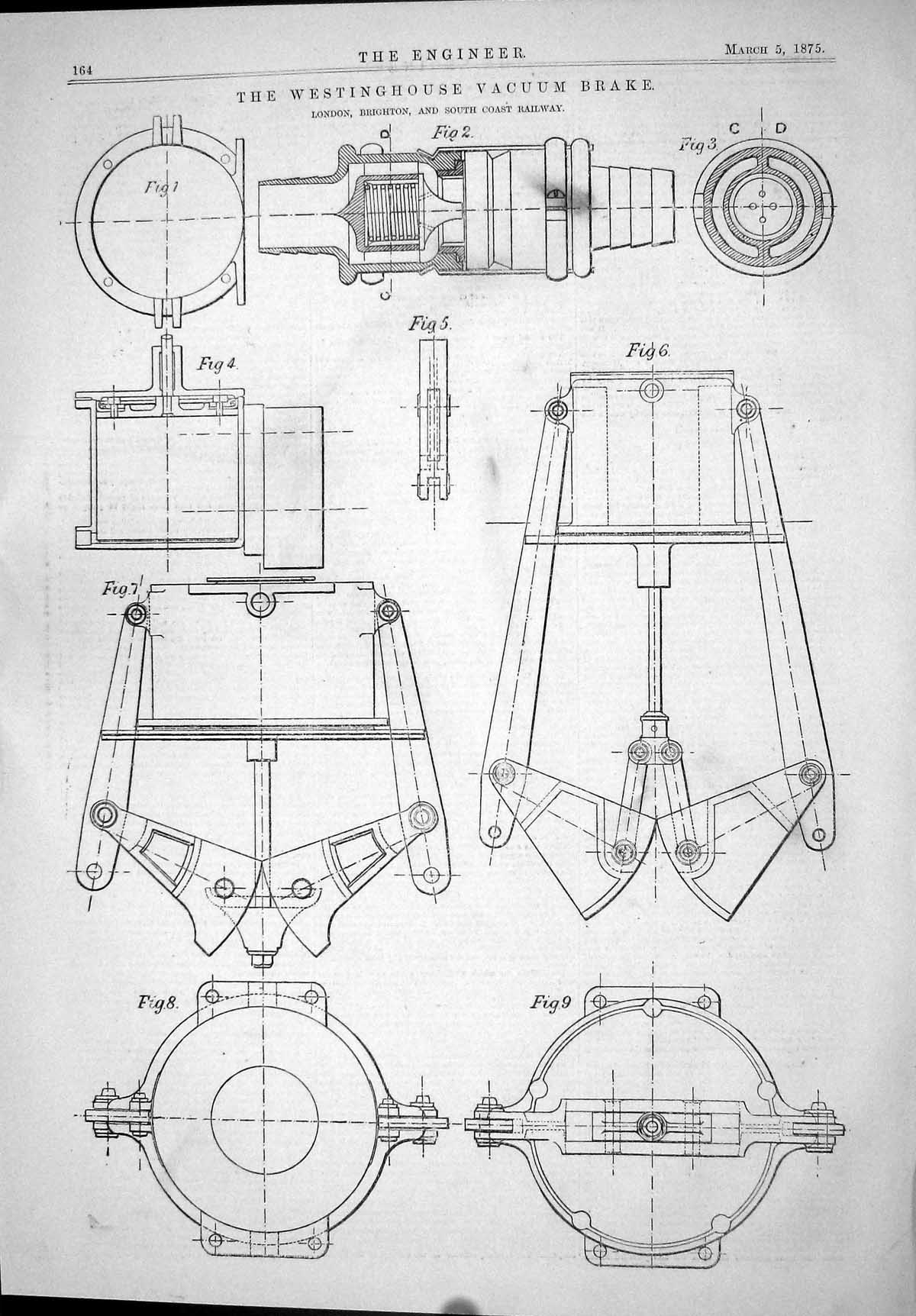 Old Print Westinghouse Vacuum Brake Railway Trains Brighton Diagrams 1875 19th