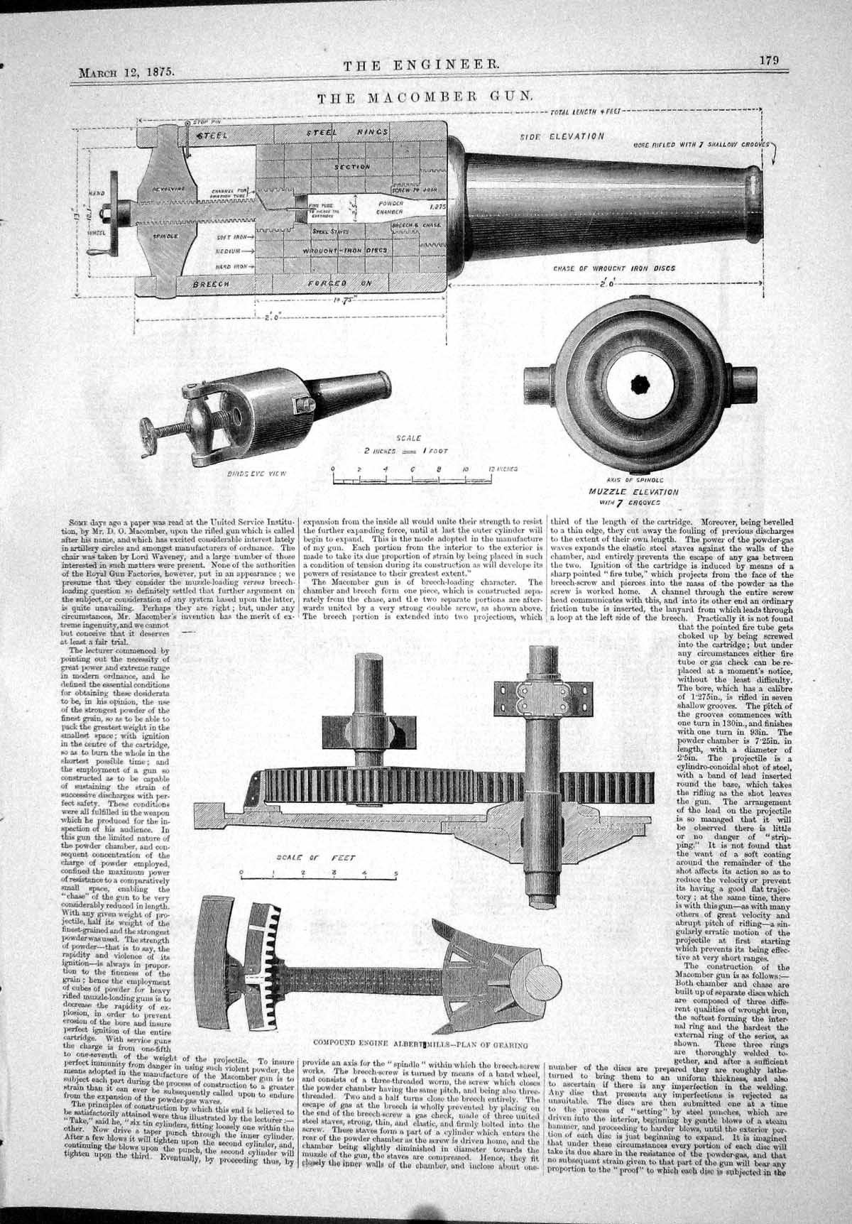 Antique Old Print 1875 Macomber Gun Compound Engine Albertmills Plan Gearing