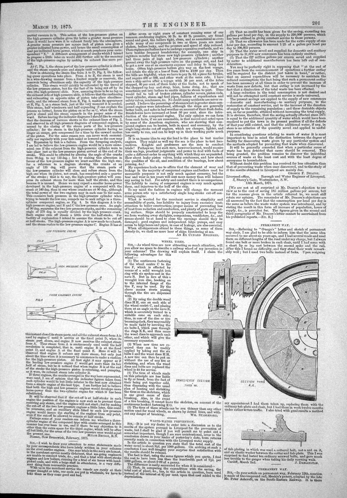 Antique Old Print 1875 Diagrams Low Pressure Engine Wheel Tires Permanent Way