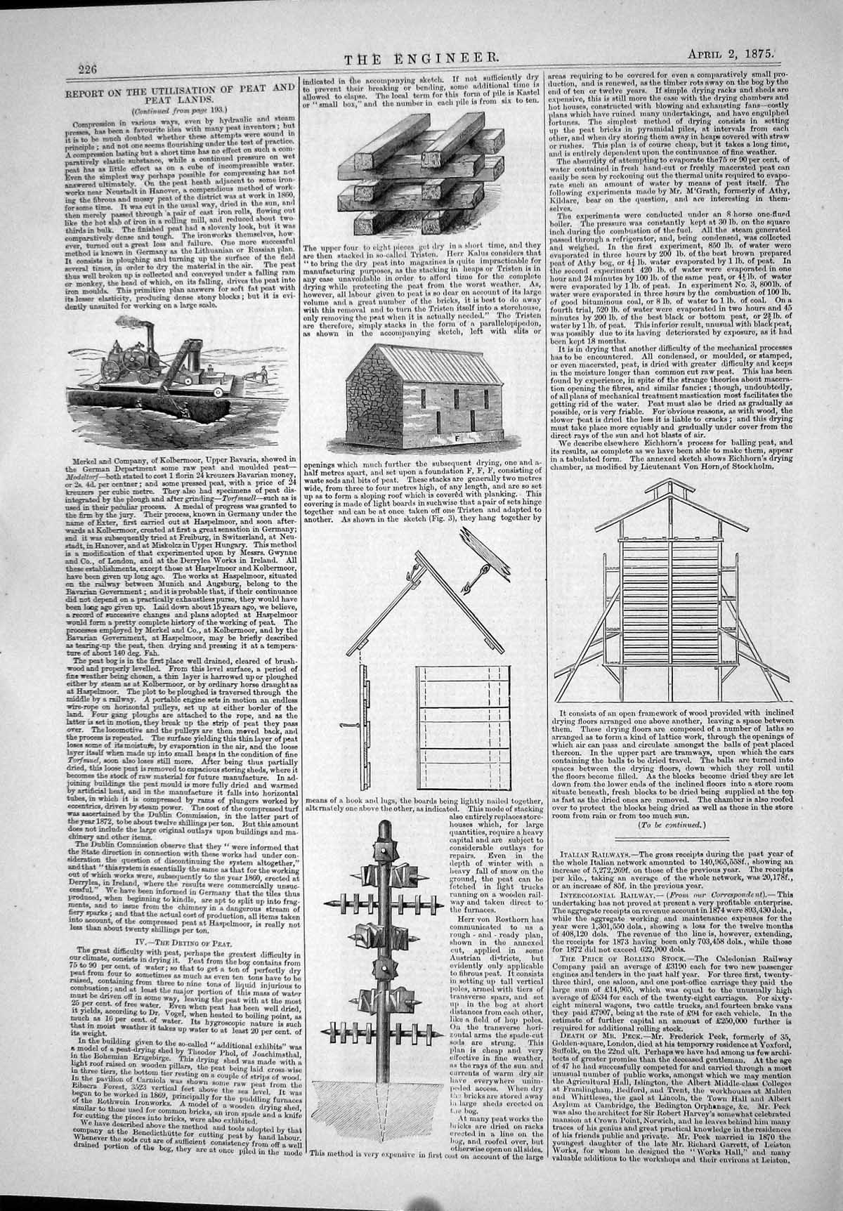 Antique Old Print 1875 Report Utilisation Peat Land Building Drying Machinery
