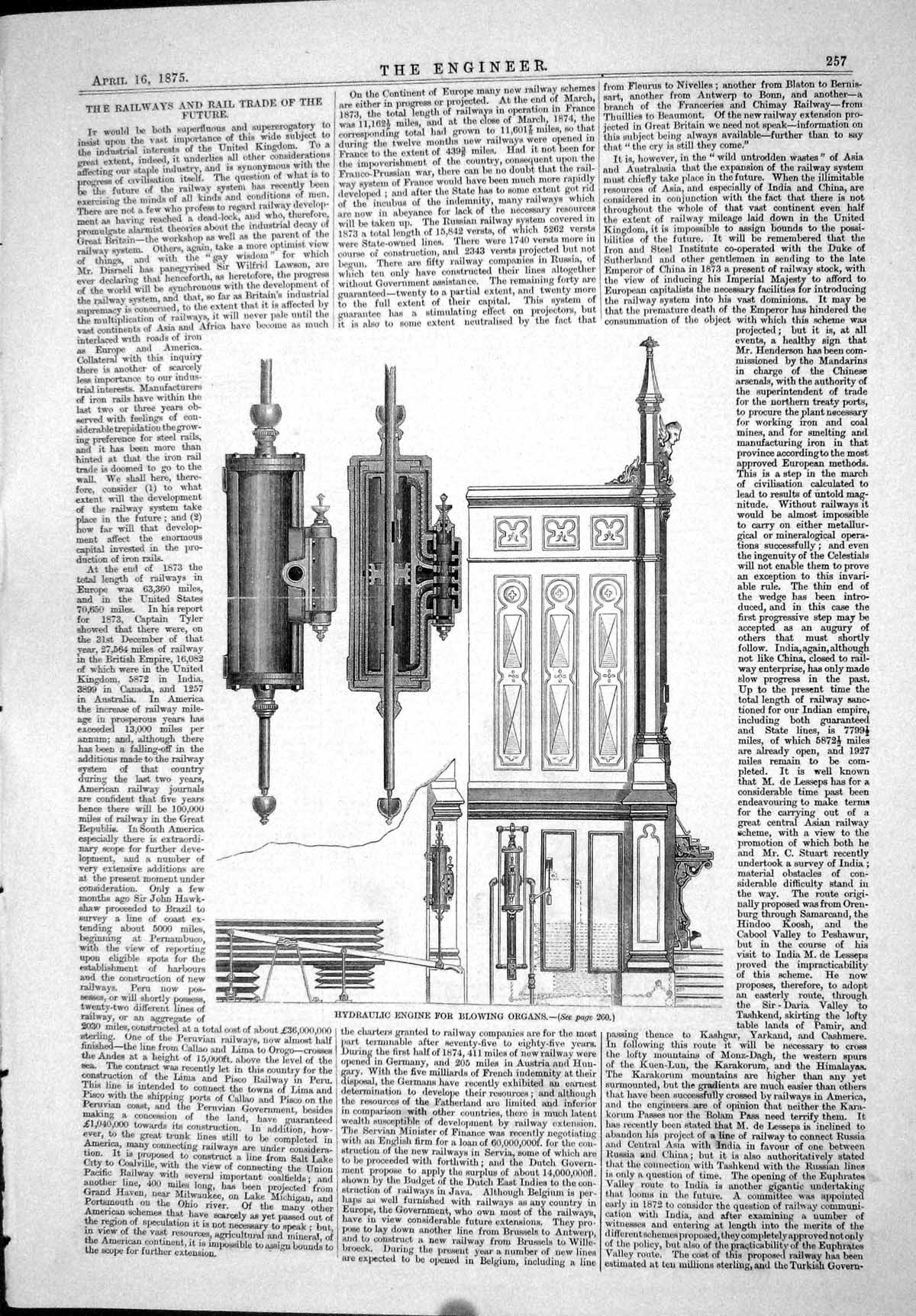Old Antique Print Engineering 1875 Hydraulic Engine Blowing Organs Engine 19th