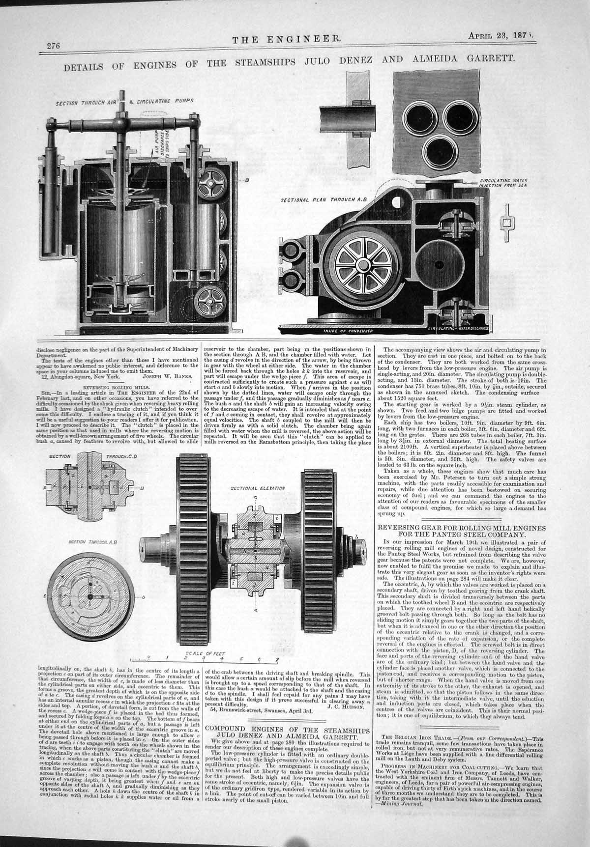 Old Print 1875 Engines Steam Ships Julio Denez Almeida Garrett Machinery 19th