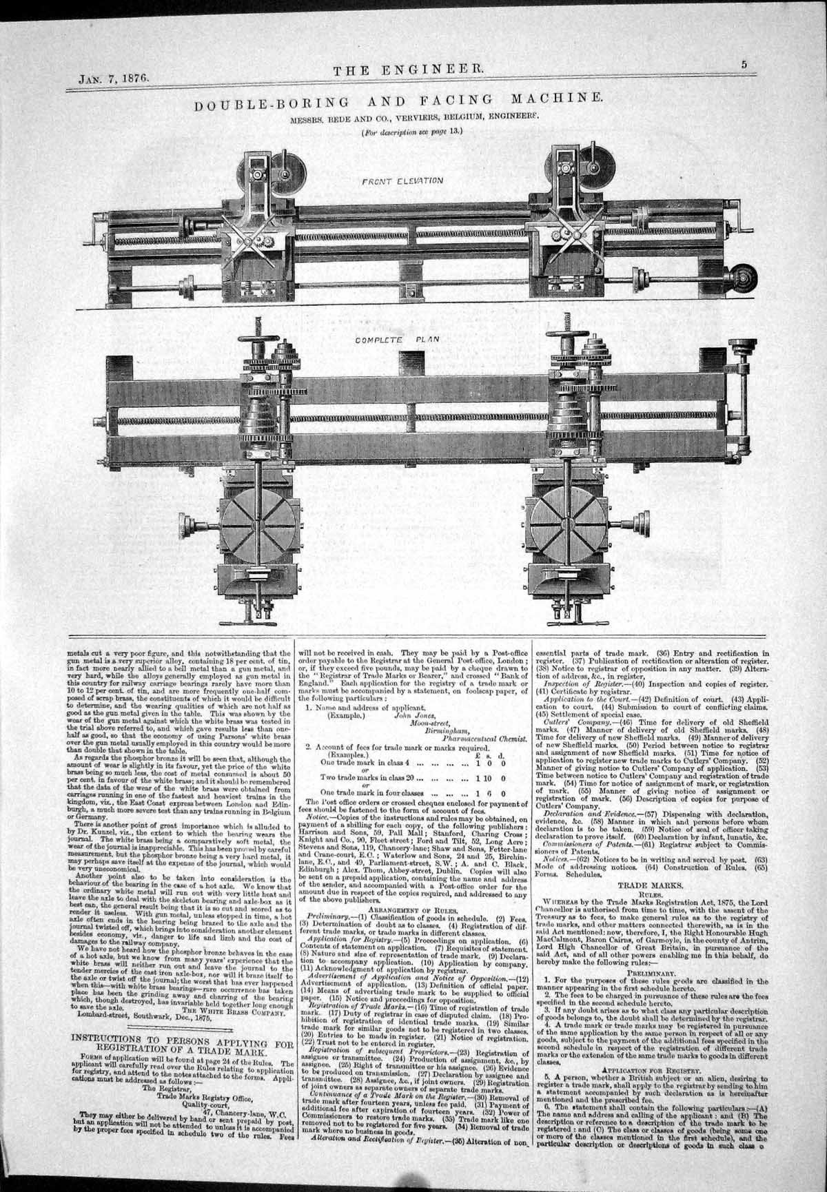 Old 1876 Double-Boring Facing Machine Bede Verviers Belgium Trade Mar Victorian