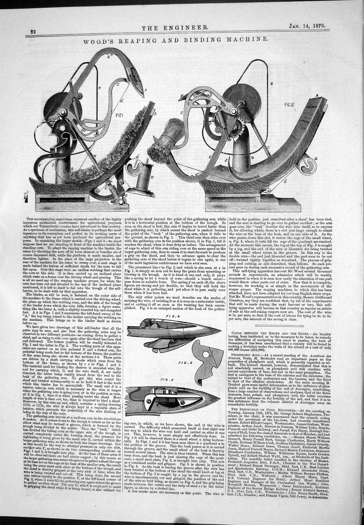 Old Print Wood Reaping Binding Machine Canal Rhone Rhine Mechanical 1876 19th