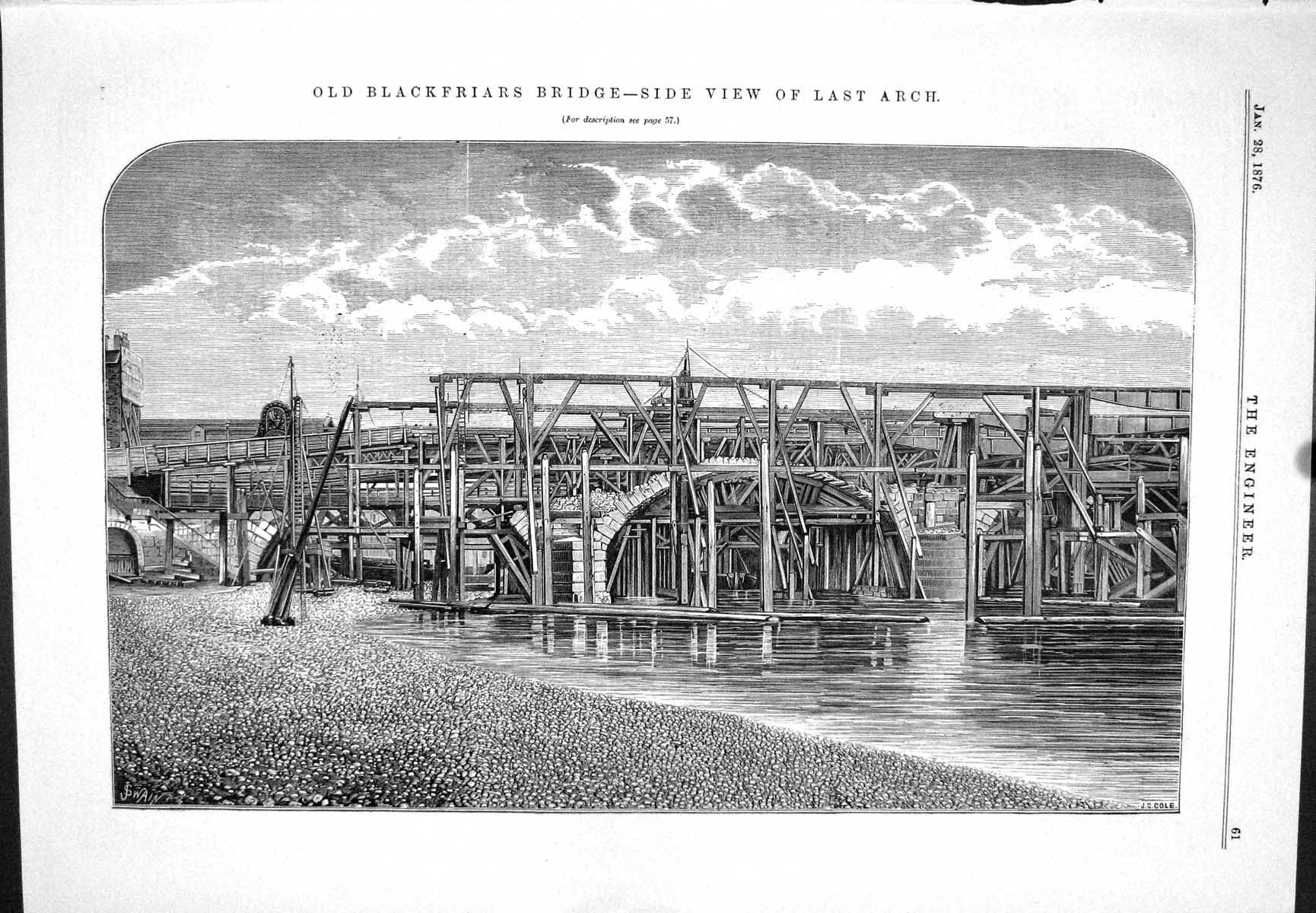 Old Antique Print Blackfriars Bridge Side View Last Arch John Swain 1876 19th