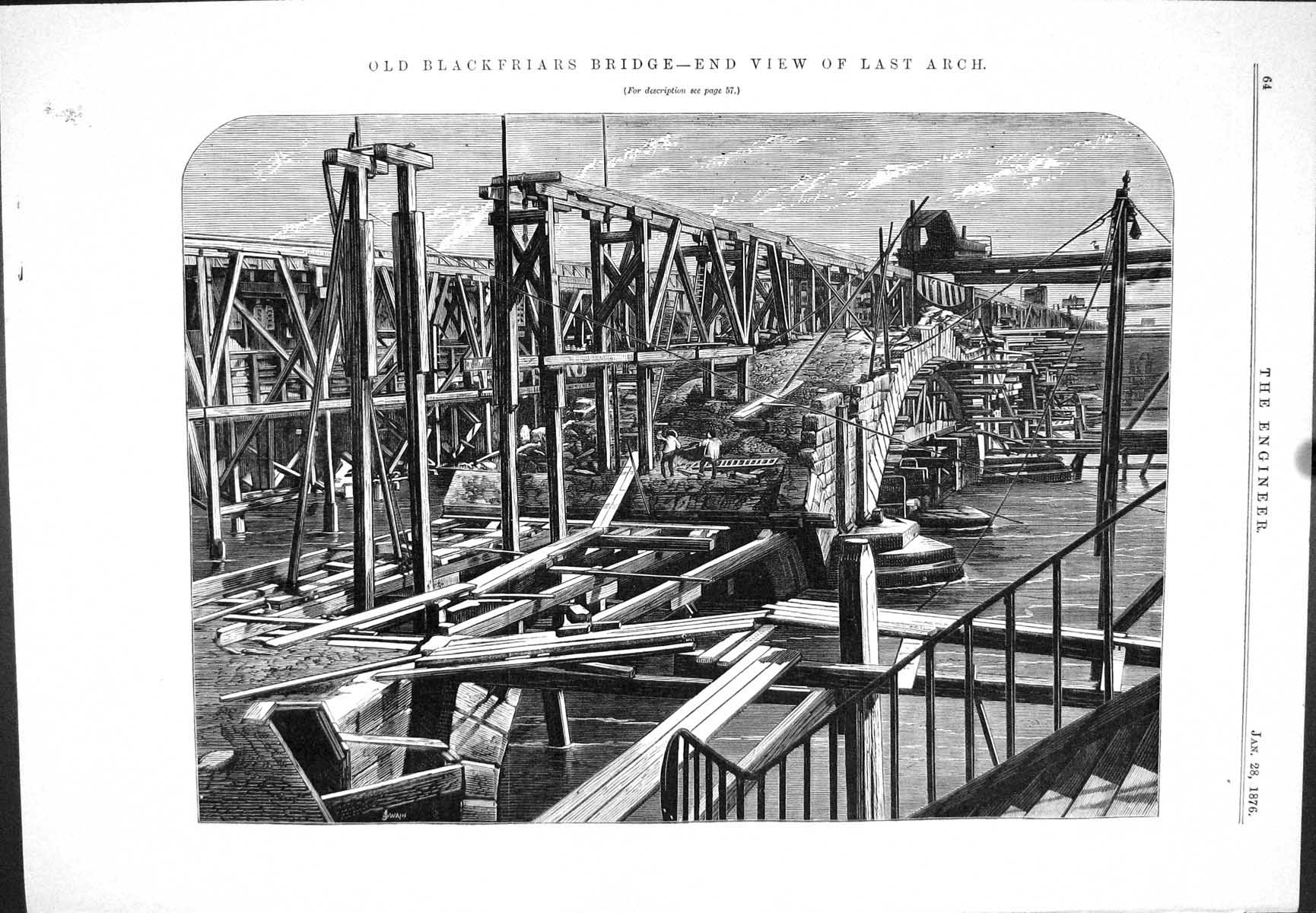 Antique Print Blackfriars Bridge End View Last Arch Engineering 1876 John S