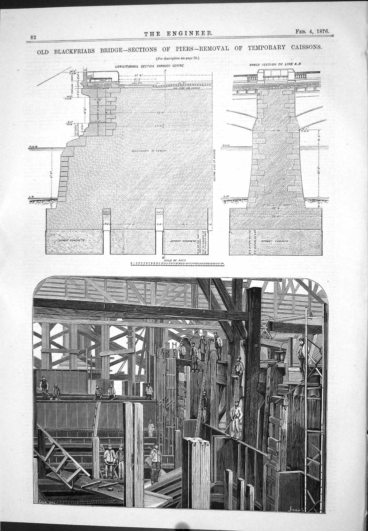 Old Antique Print Blackfriars Bridge 1876 Sections Piers Removal Caissons 19th