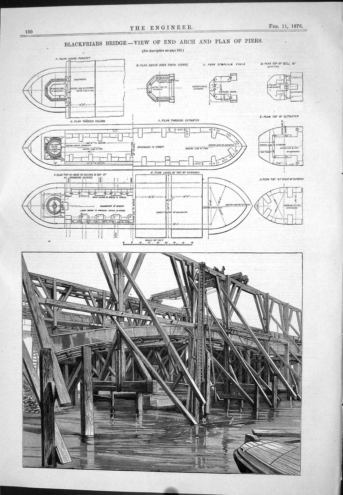 Old Blackfriars Bridge End Arch View Plan Piers Engineering 1876 Diag Victorian