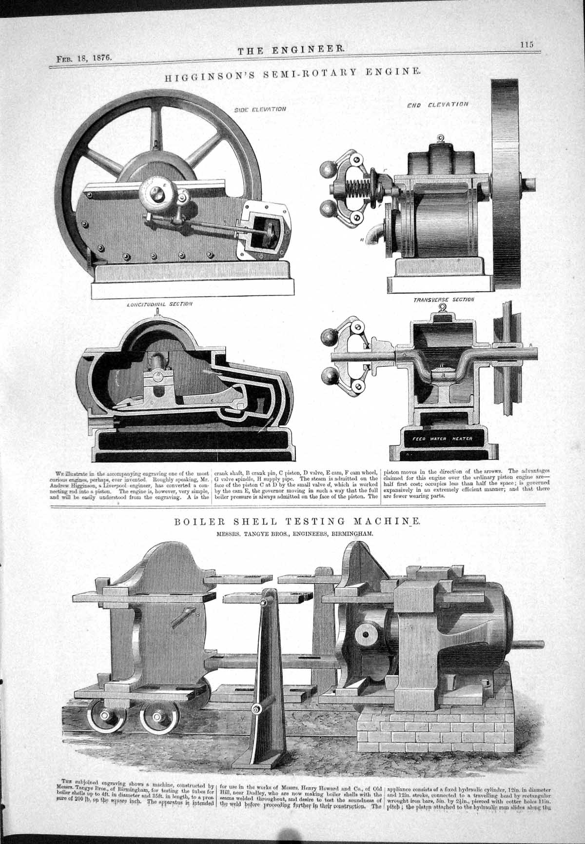 Old Print Higginson Semi-Rotary Engine Boiler Shell Testing Machine 1876 19th