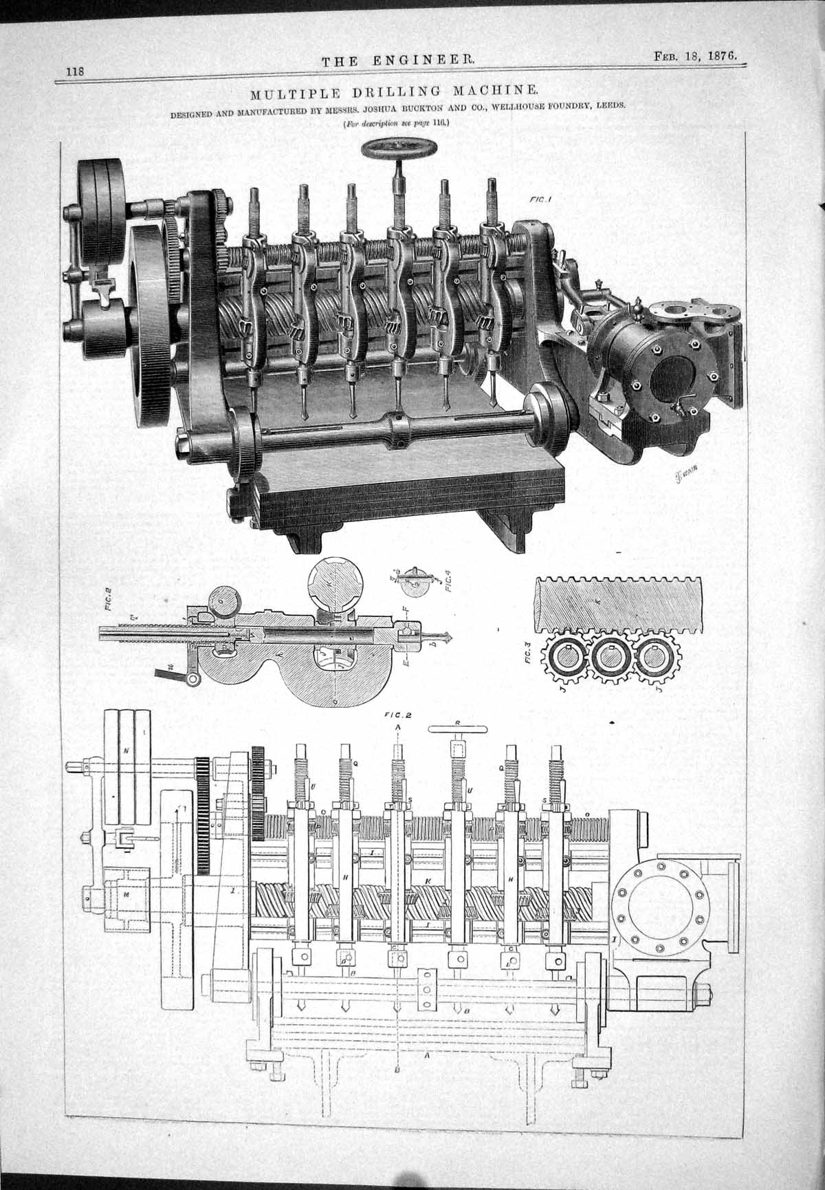 Old Print Multiple Drilling Machine Buckton Wellhouse Foundry Leeds 1876 19th