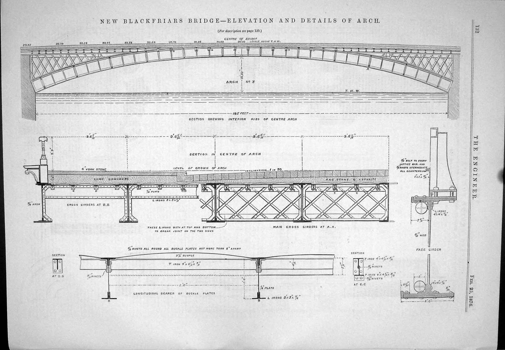 Antique Old Print Blackfriars Bridge Elevation Details Arch New 1876 Diagrams