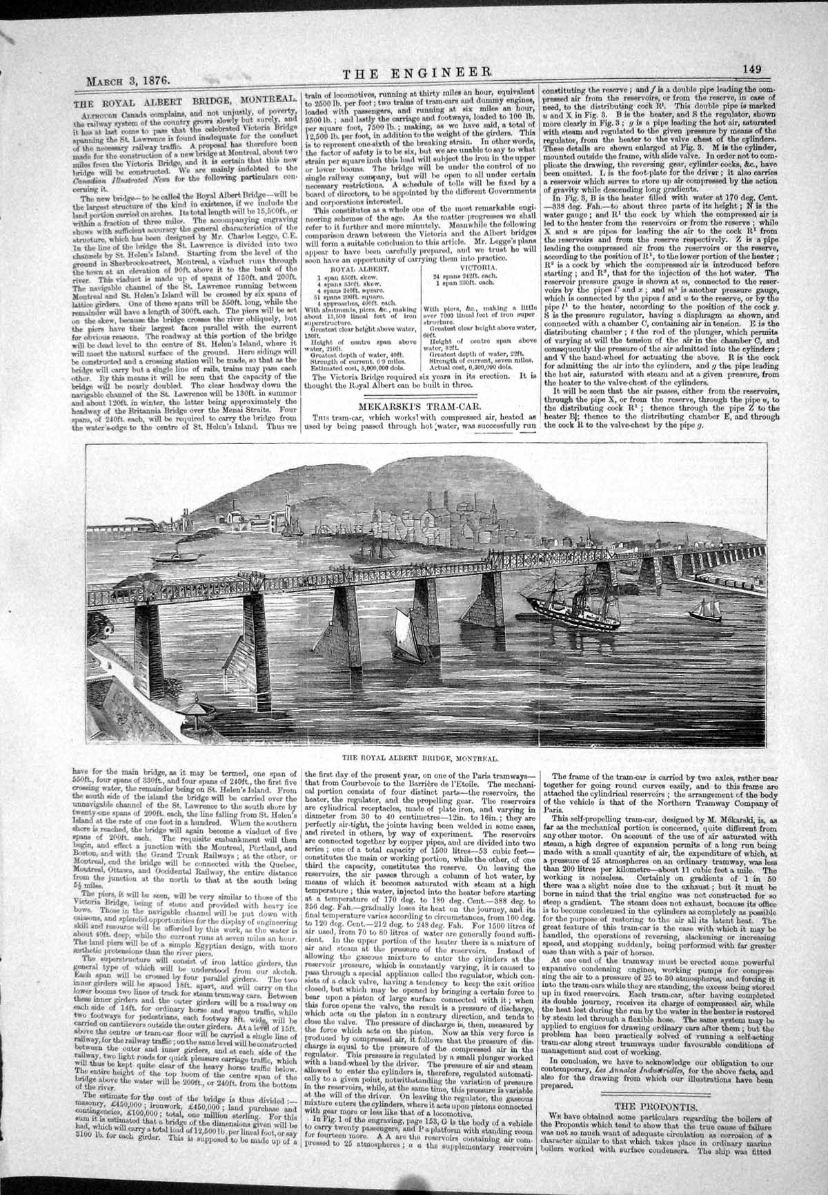 Antique Print Royal Albert Bridge Montreal Mekarski Tram-Car 1876 Propontis