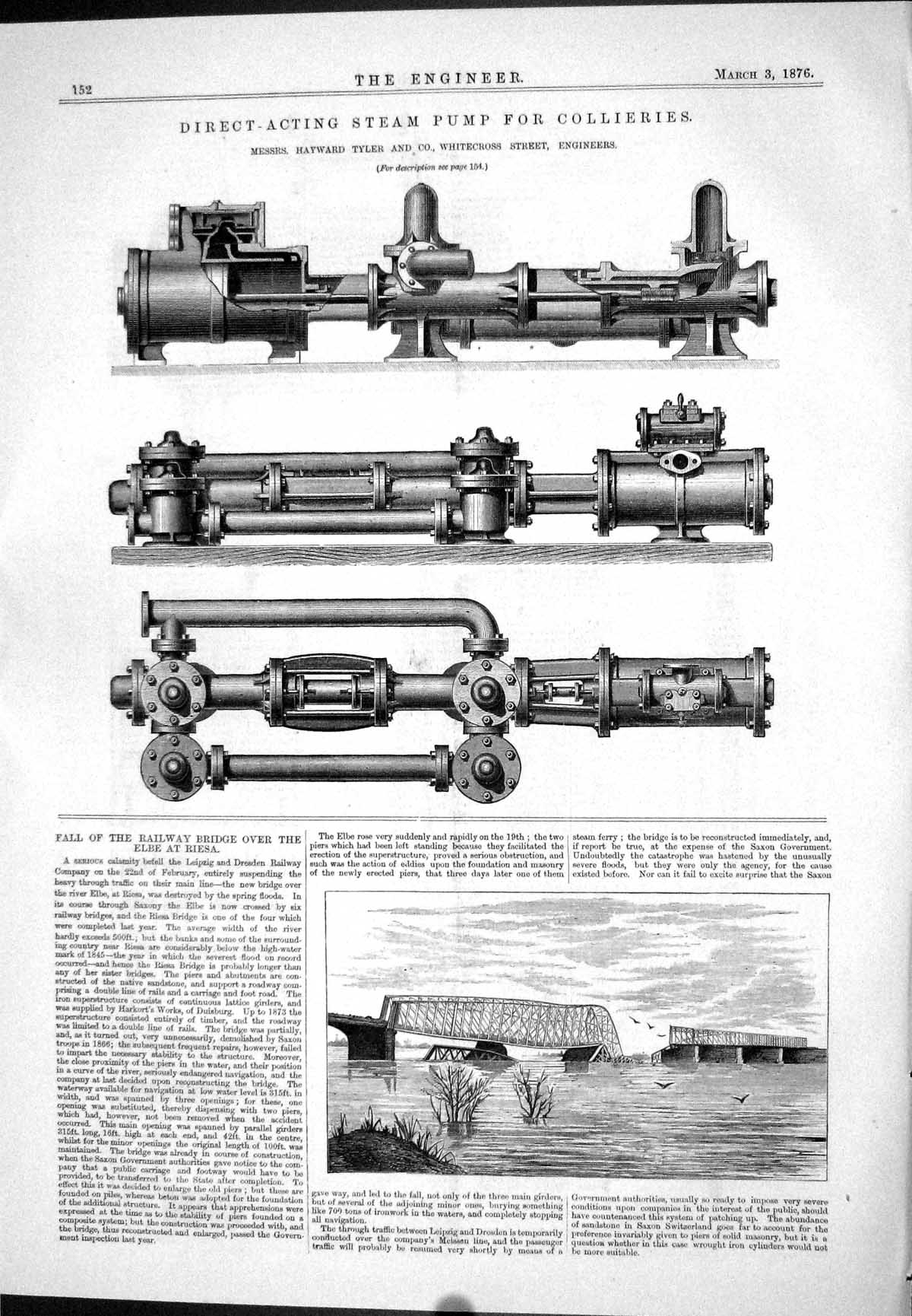 Old Print Steam Pump Collieries Hayward Tyler Whitecross Elbe Riesa 1876 19th