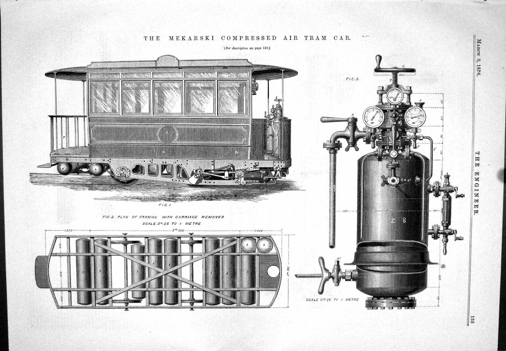 Antique Old Print Mekarski Compressed Air Tram Car Plan Framing Carriage 1876