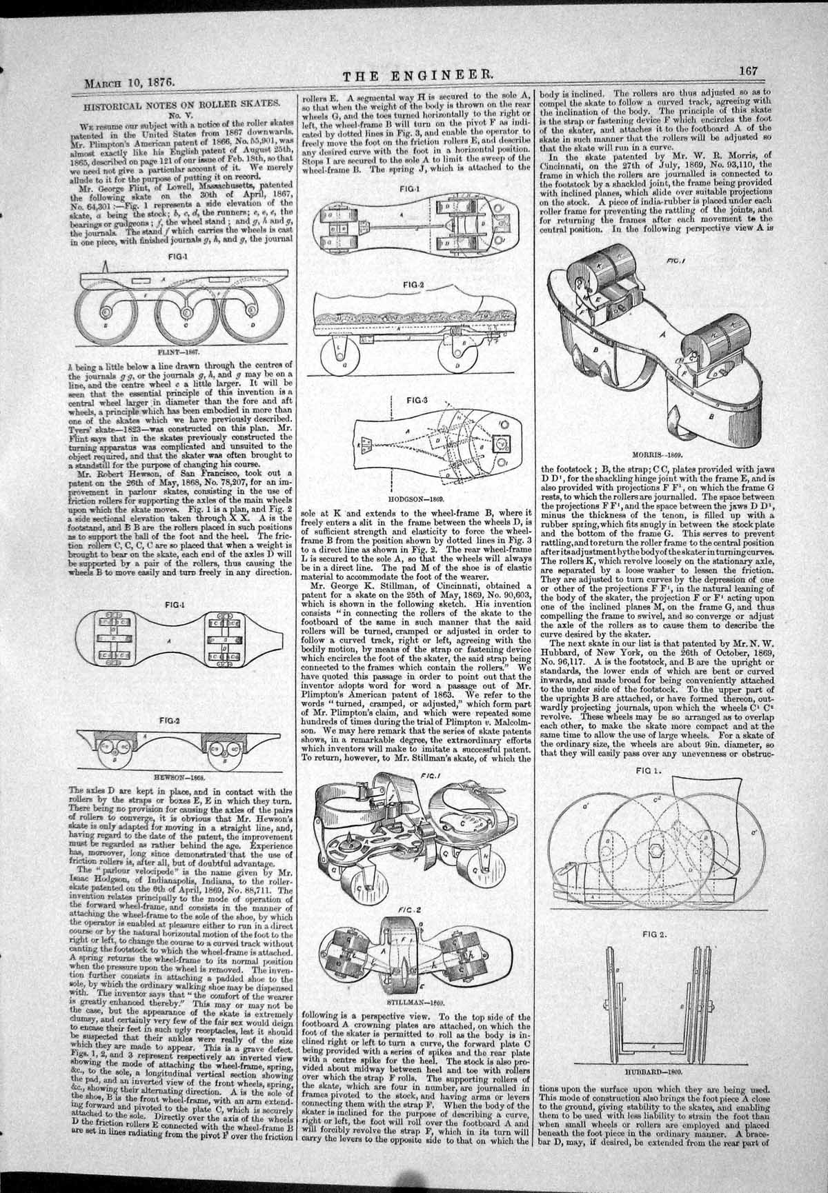 Old Print Roller Skates Flint Hewson Hodgson Stillman Morris Hubbard 1876 19th