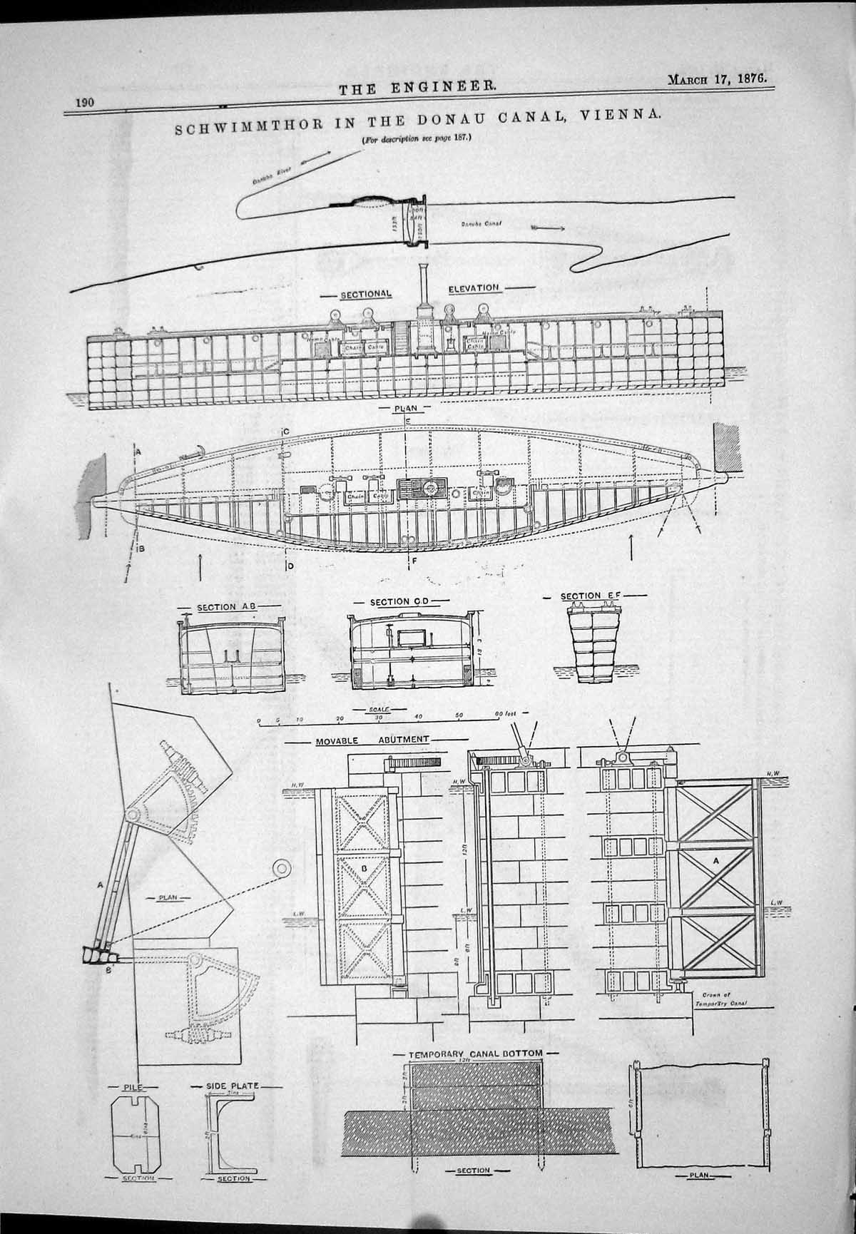 Old Print Schwimmthor Donau Canal Vienna Engineering Plan Elevation 1876 19th