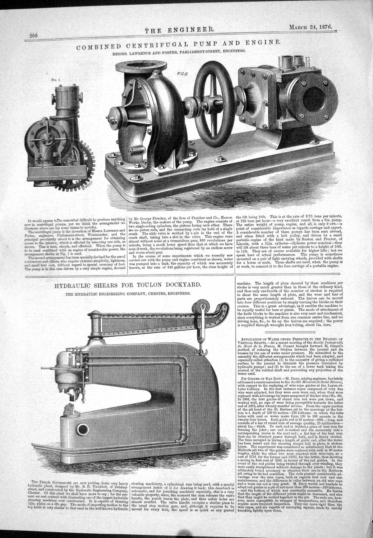 Antique Print Centrifugal Pump Engine Lawrence Porter Hydraulic Shears 1876