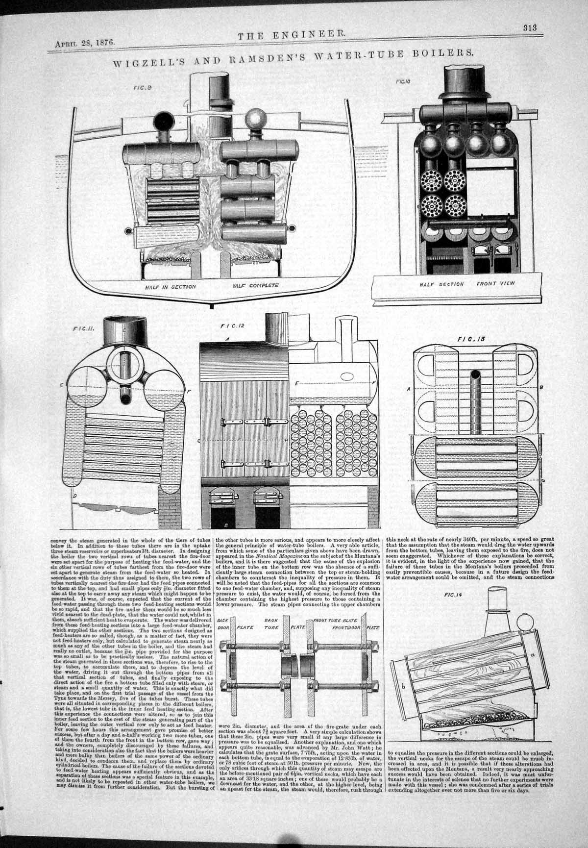 Antique Print Engineering Wigzell Ramsden Water-Tube Boilers 1876 Diagrams 19th