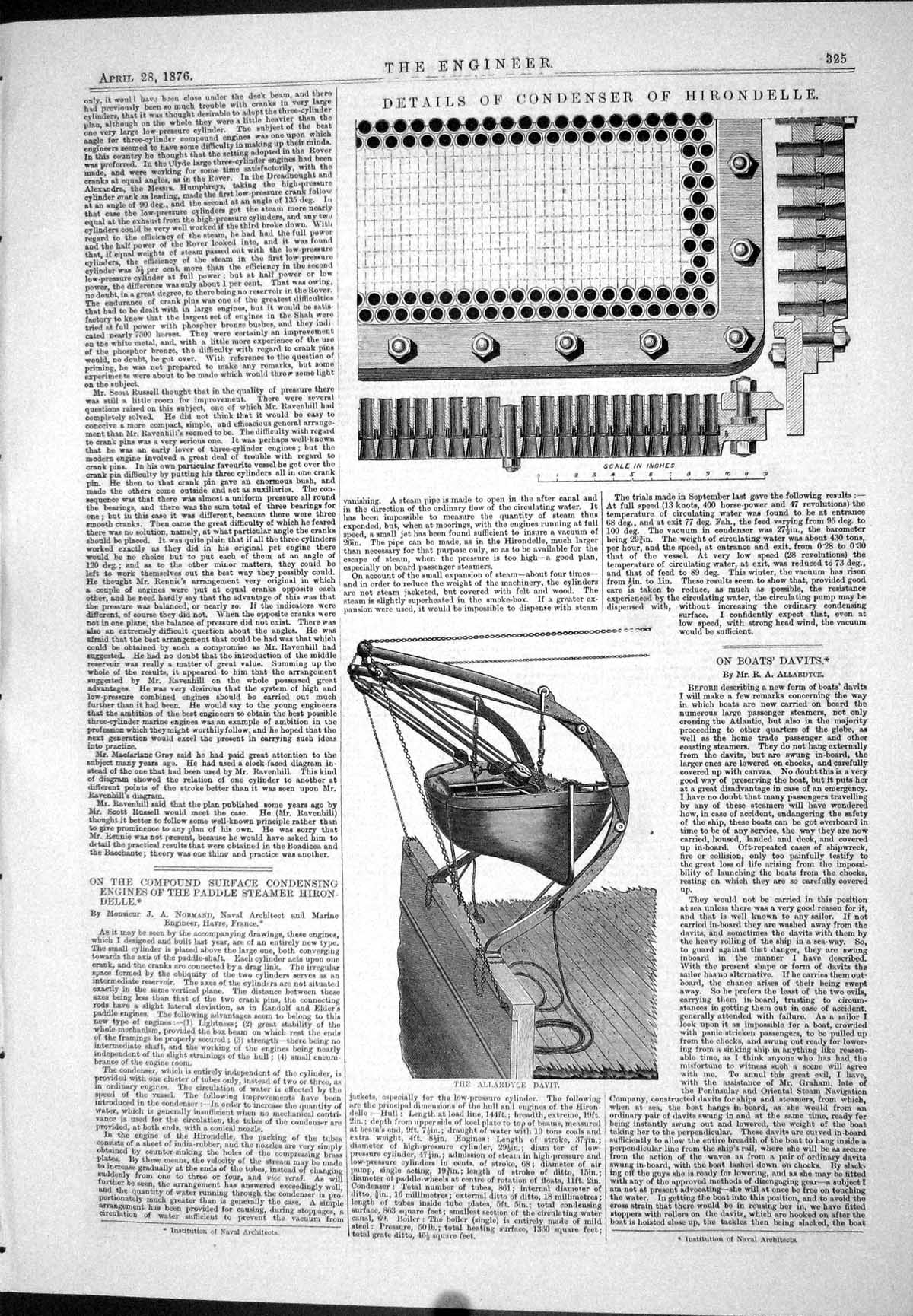 Old Print Condenser Hirondelle Allardyce Boats Davits Paddle Steamer 1876 19th