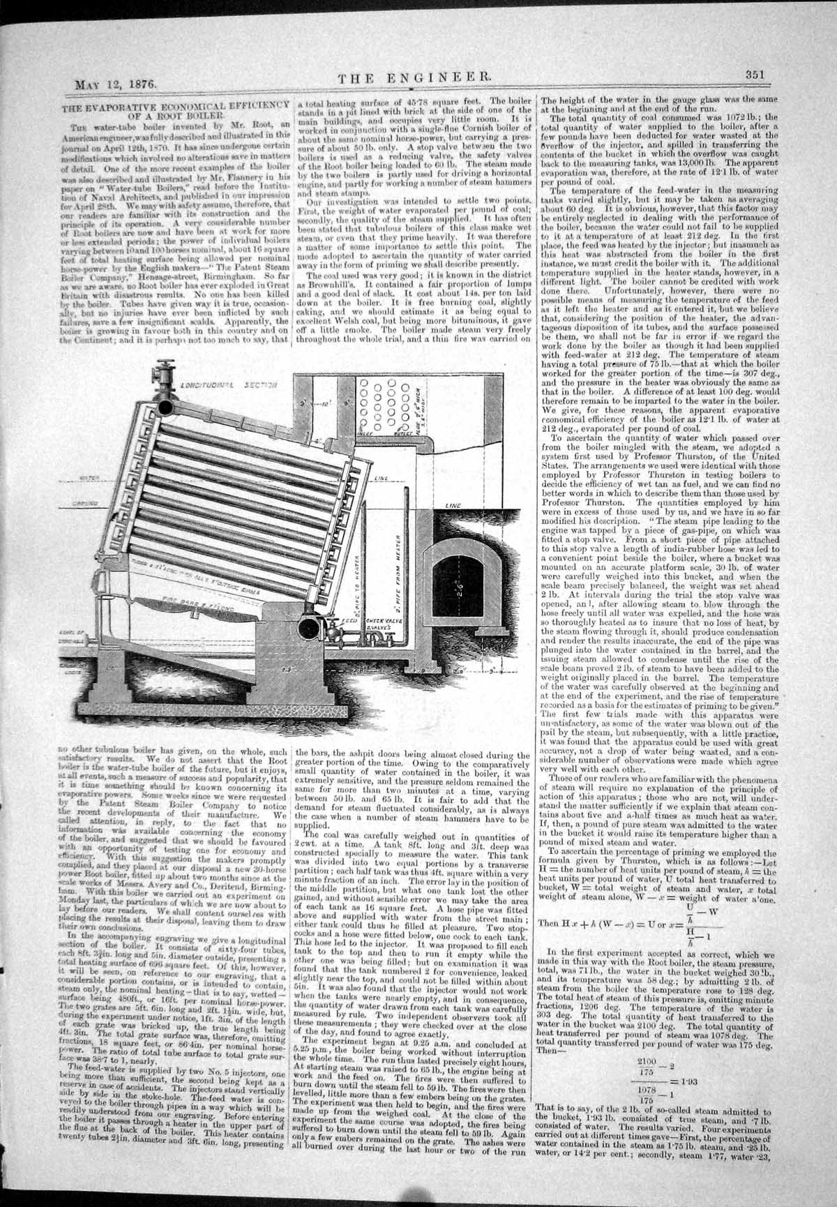 Old Print Evaporative Economical Efficiency Root Boiler Loncitudinal 1876 19th