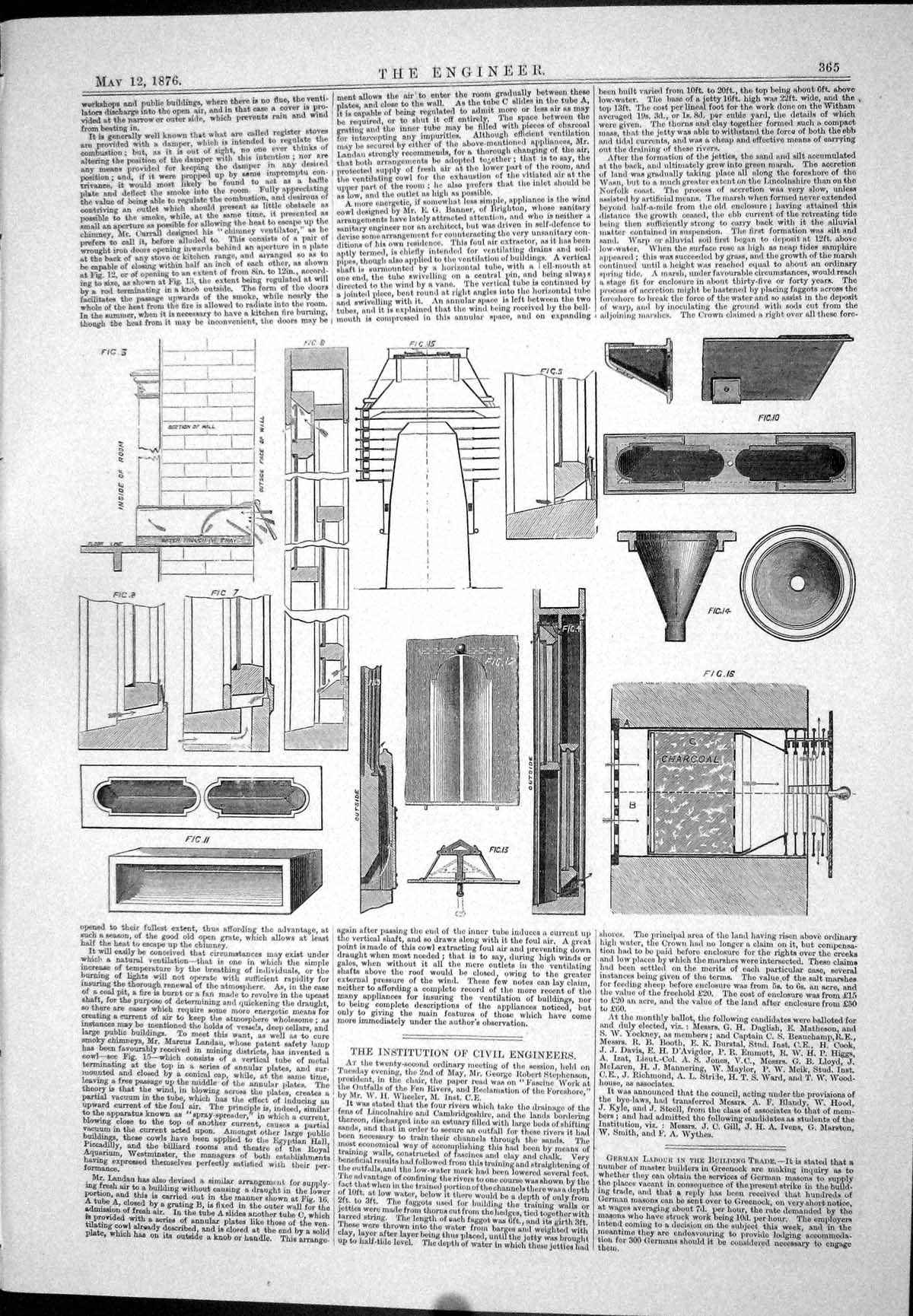 Old Print Institution Civil Engineers Engineering Chimney Ventilator 1876 19th
