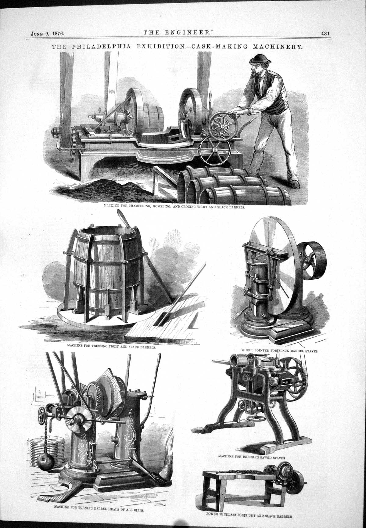 Antique Old Print Philadelphia Exhibition Cask-Making Machinery 1876 Brownlee