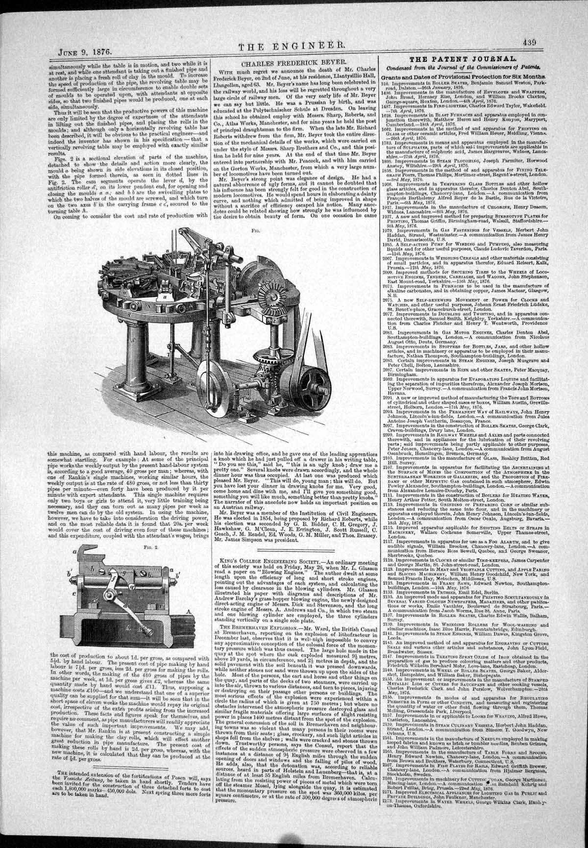Old Beyer Frederick Charles Patent Journal Machine Kings College 1876 Victorian