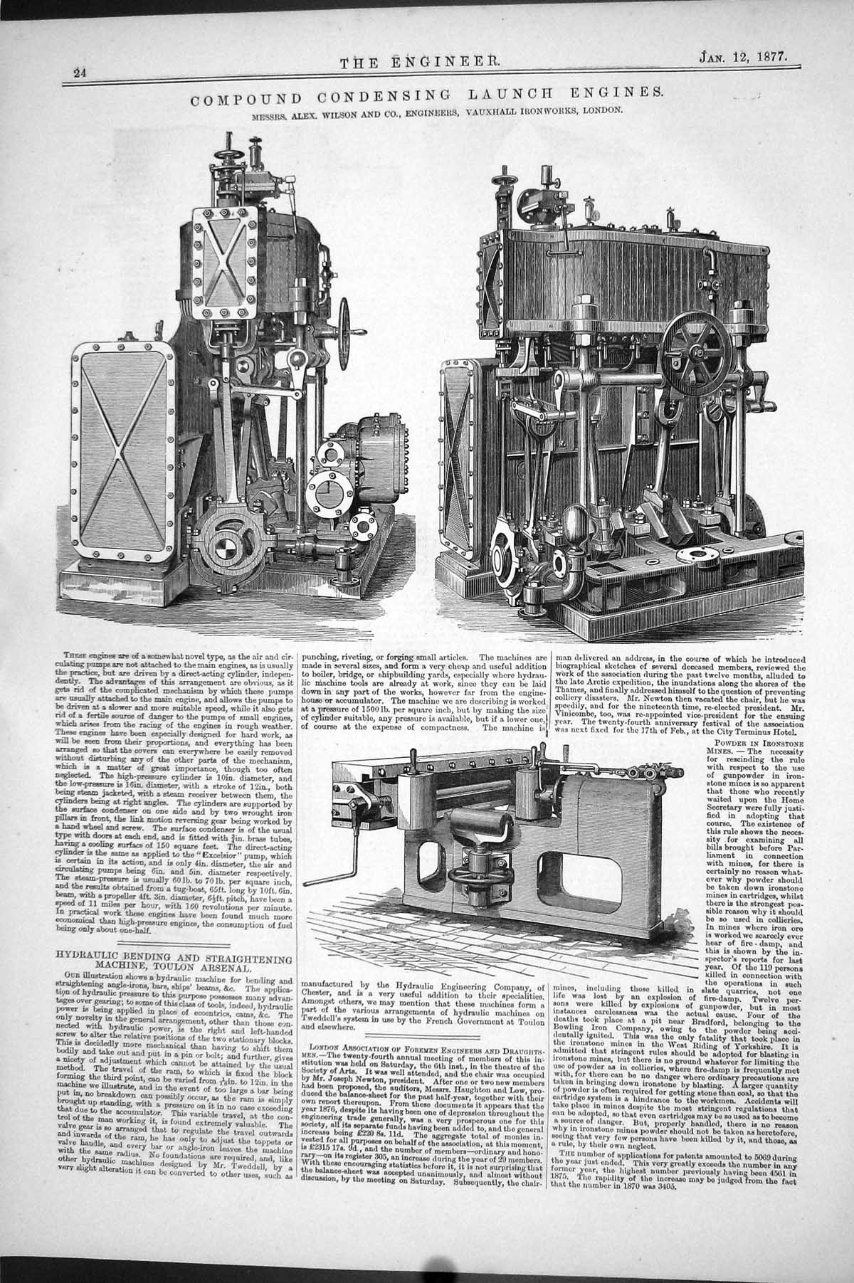 Old Print 1877 Compound Condensing Launch Engines Wilson Vauxhall London 19th