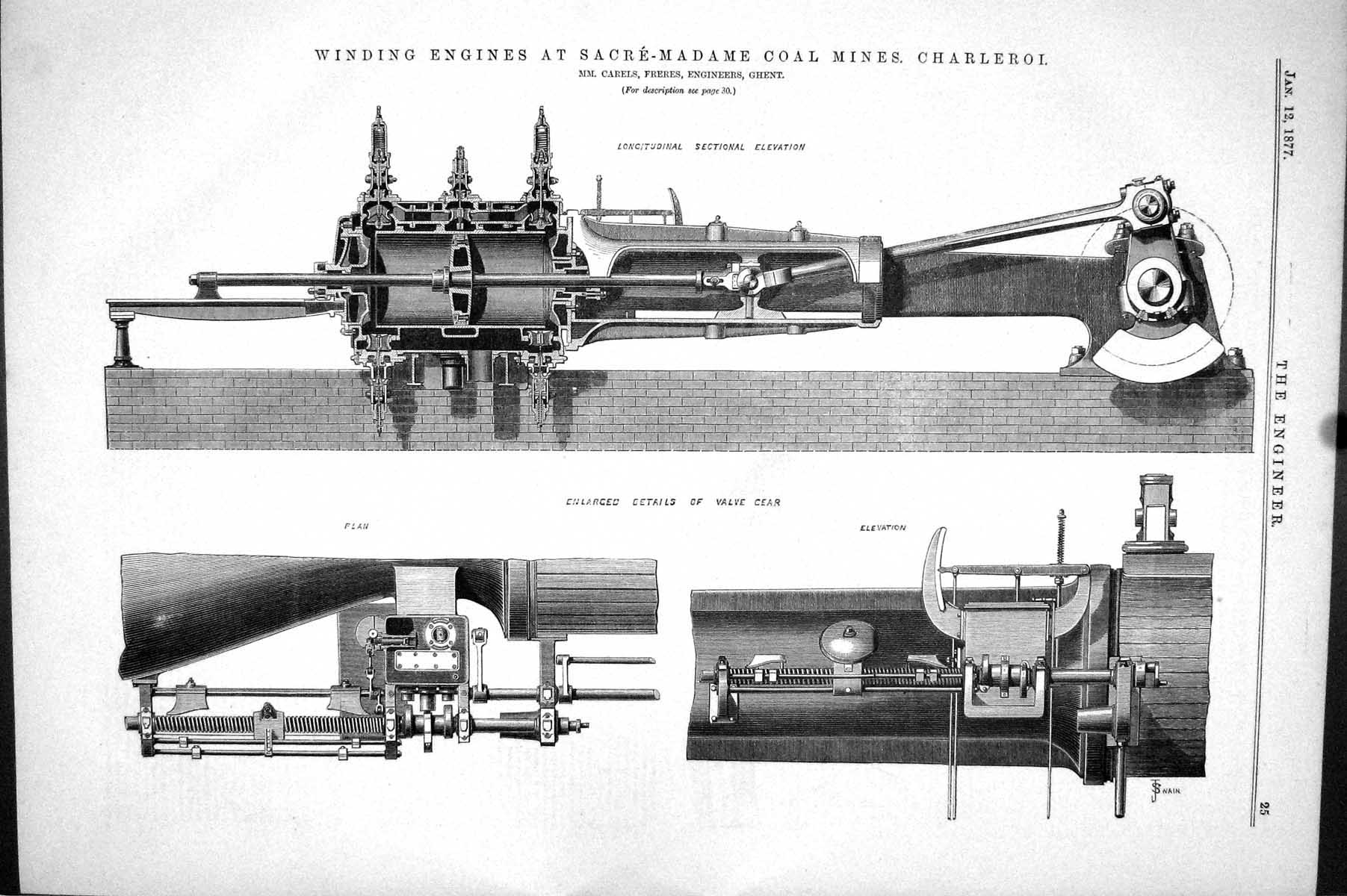 Antique Print 1877 Winding Engines Sacre-Madame Coal Mines Chaleroi Freres 19th