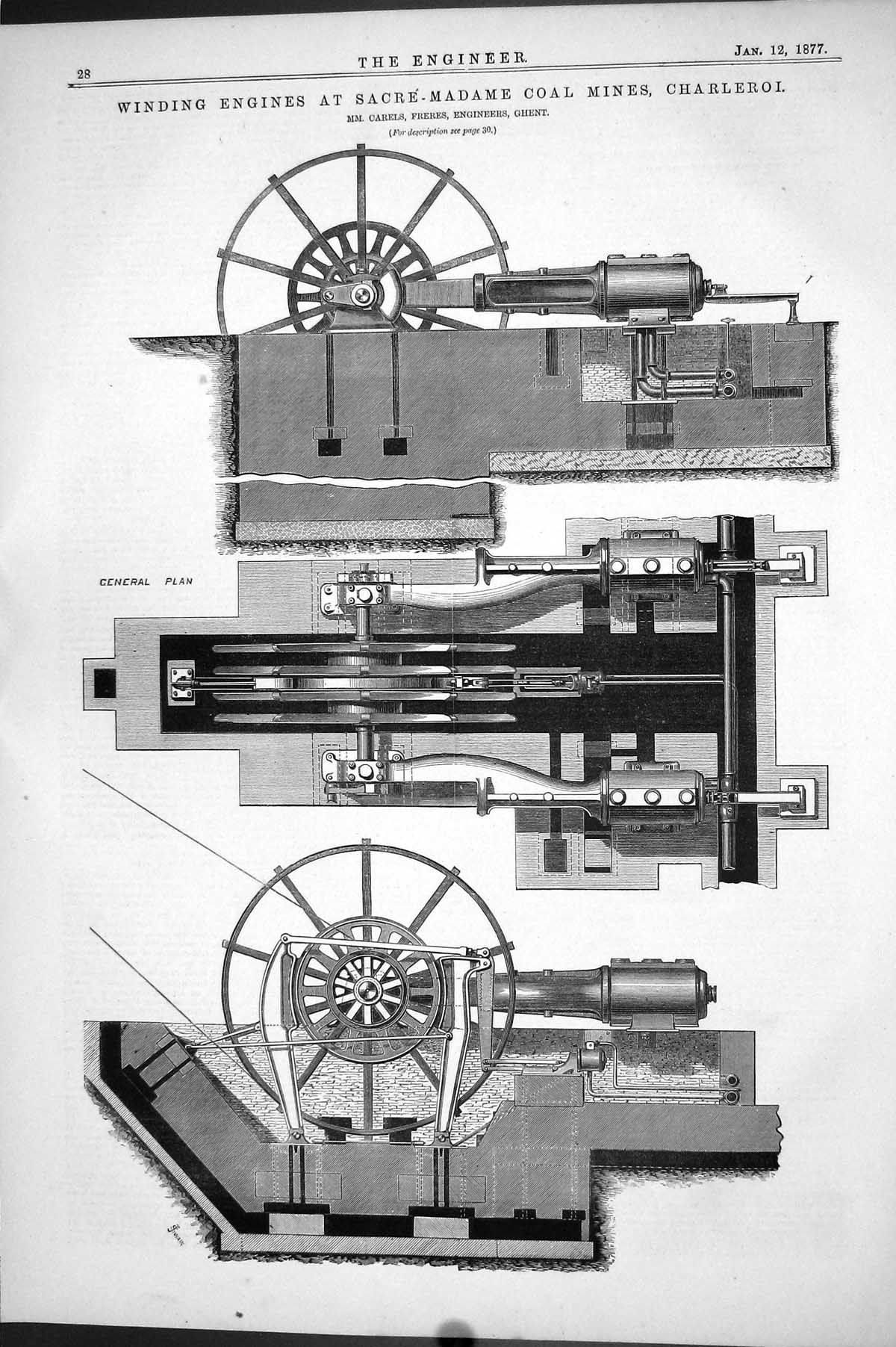 Antique Print 1877 Winding Engines Sacre-Madame Coal Mines Charleroi Carels