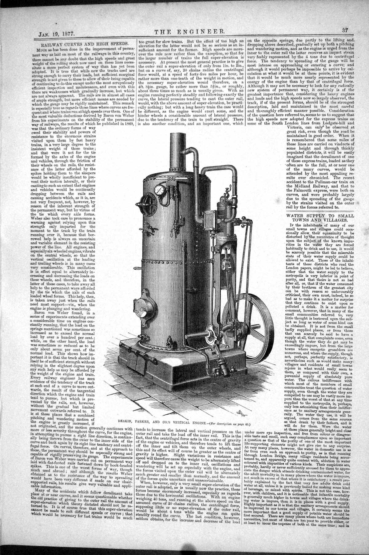 Antique Old Print 1877 Engineering Deakin Parker Vertical Engine Machinery 19th