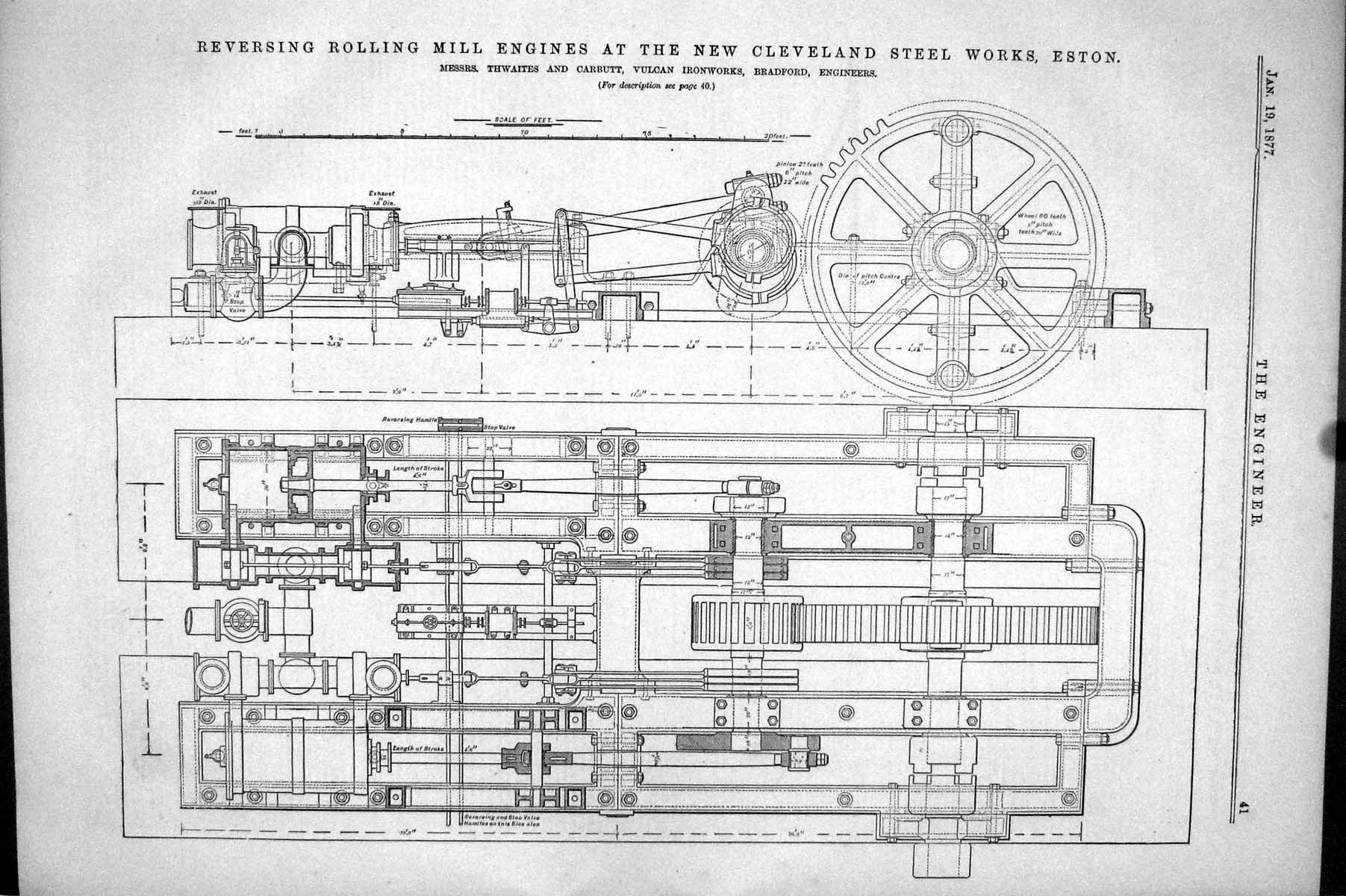 Old Print 1877 Rolling Mill Engines Cleveland Steel Works Eston Thwaites 19th