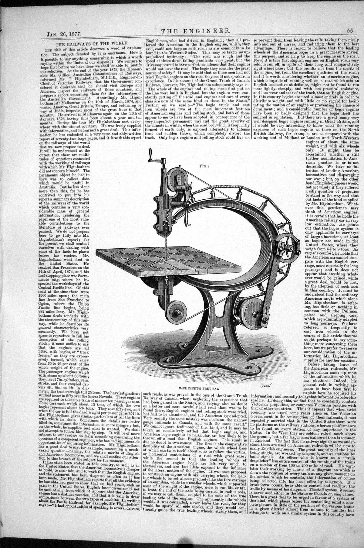 Original Old Antique Print Mcchesney Fret Saw Instrument 1877 Engineering 19th