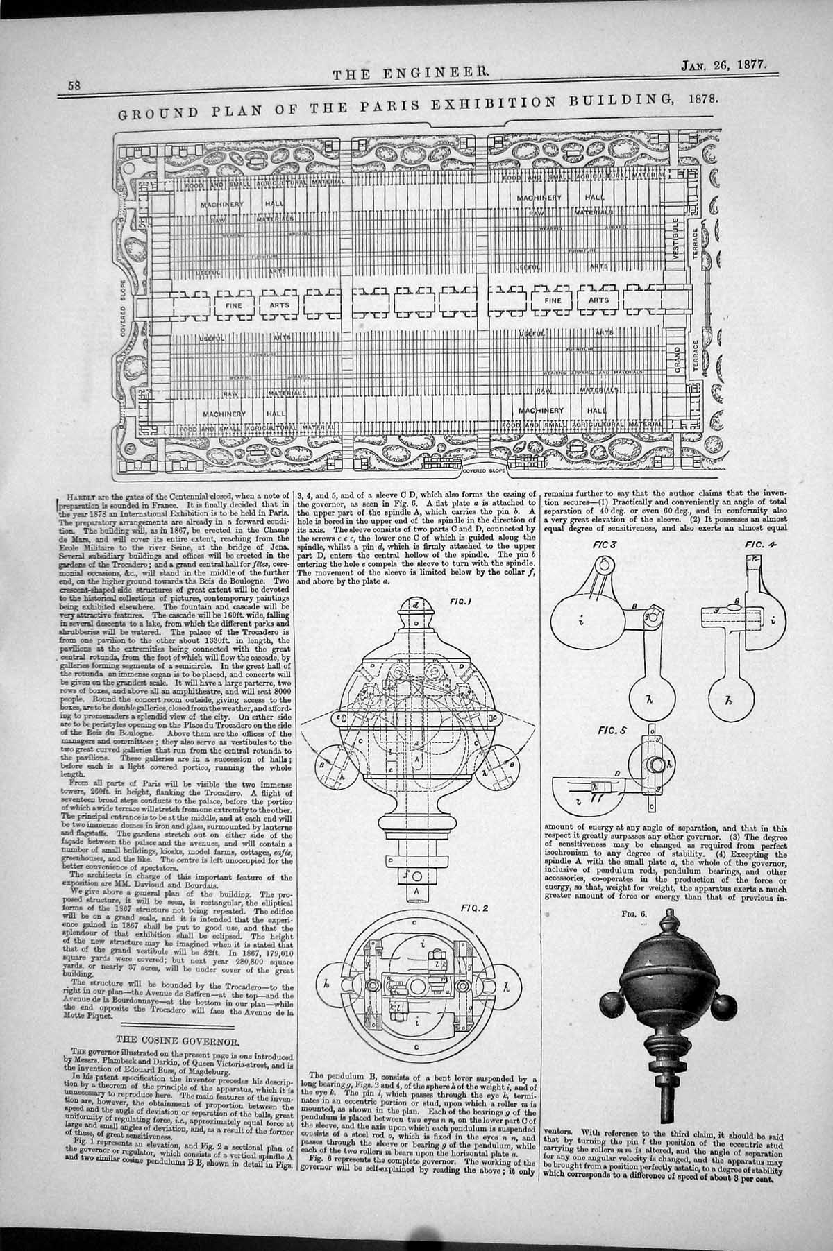 Antique Old Print 1877 Ground Plan Paris Exhibition Building Pendulum Diagram