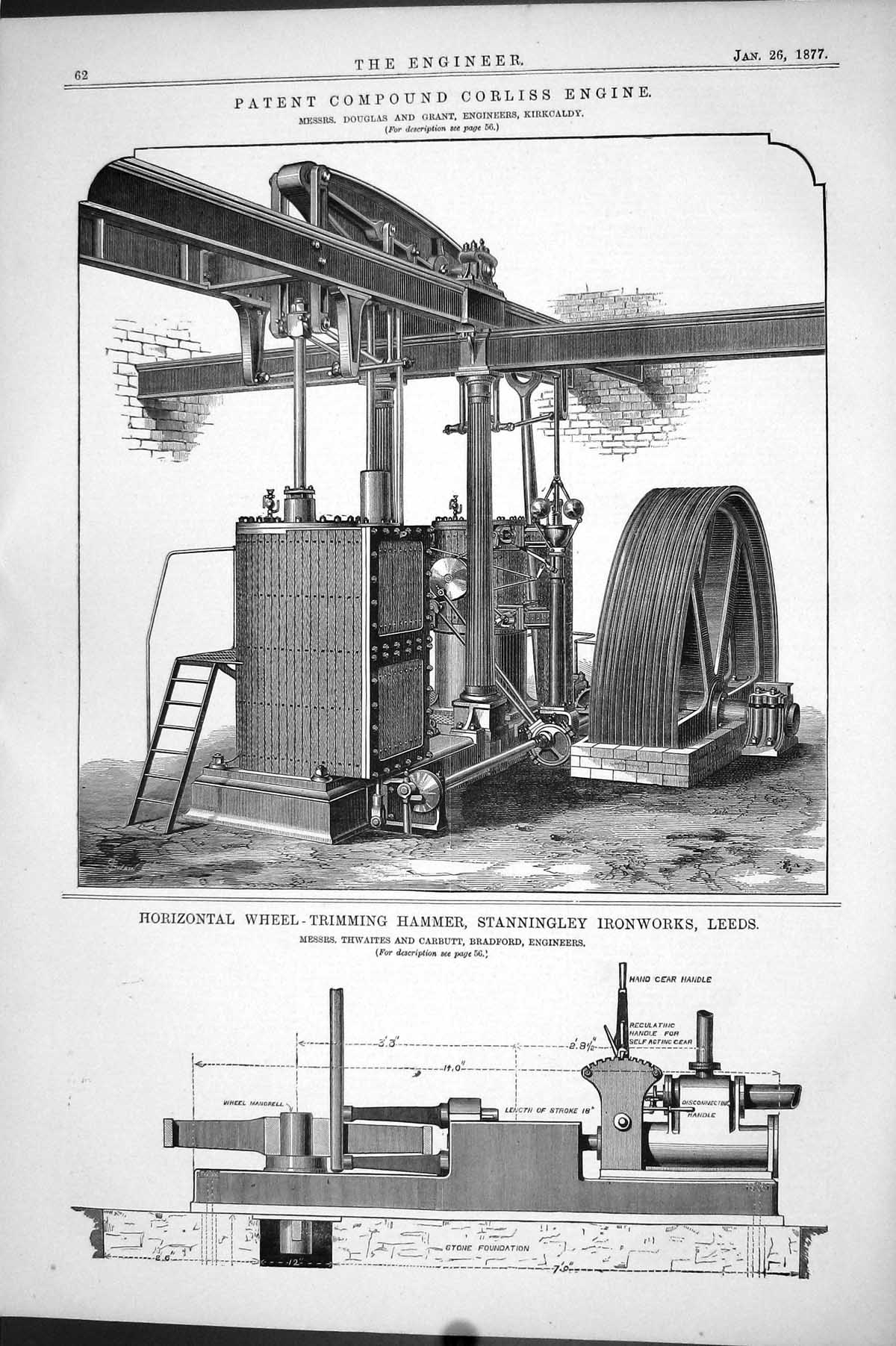 Antique Old Print 1877 Patent Compound Corliss Engine Douglas Grant Kirkcaldy