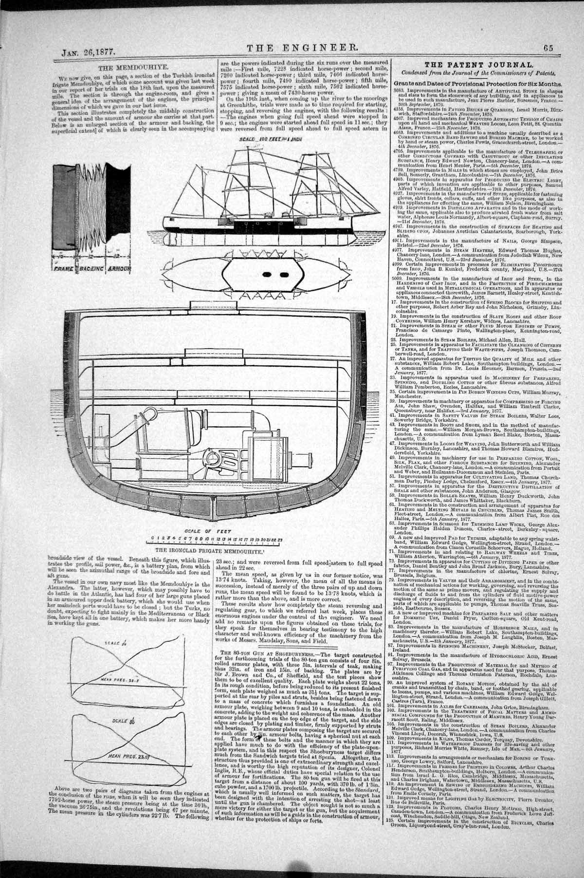 Antique Old Print Ironclad Frigate Memdouhiye Ship Diagram 1877 Engineering
