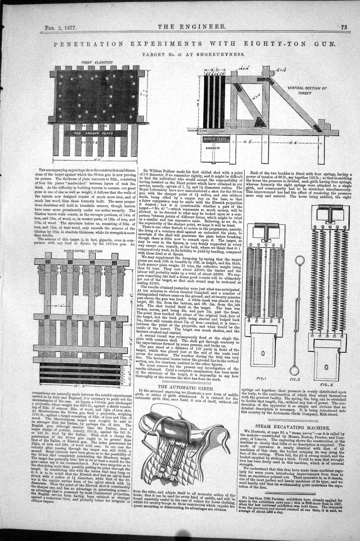 Old Print 1877 Penetration Experiments Eighty-Ton Gun Shoeburyness Target 19th