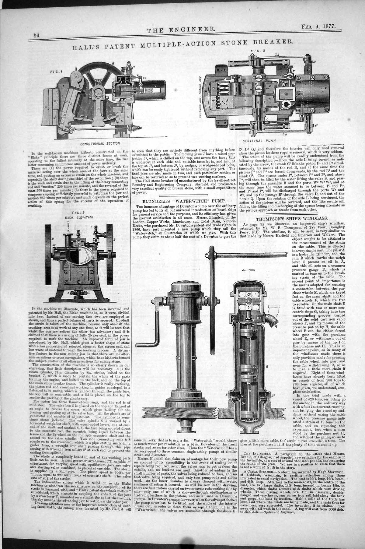 Old Print 1877 Hall'S Patent Multiple-Action Stone Breaker Blundell Pump 19th