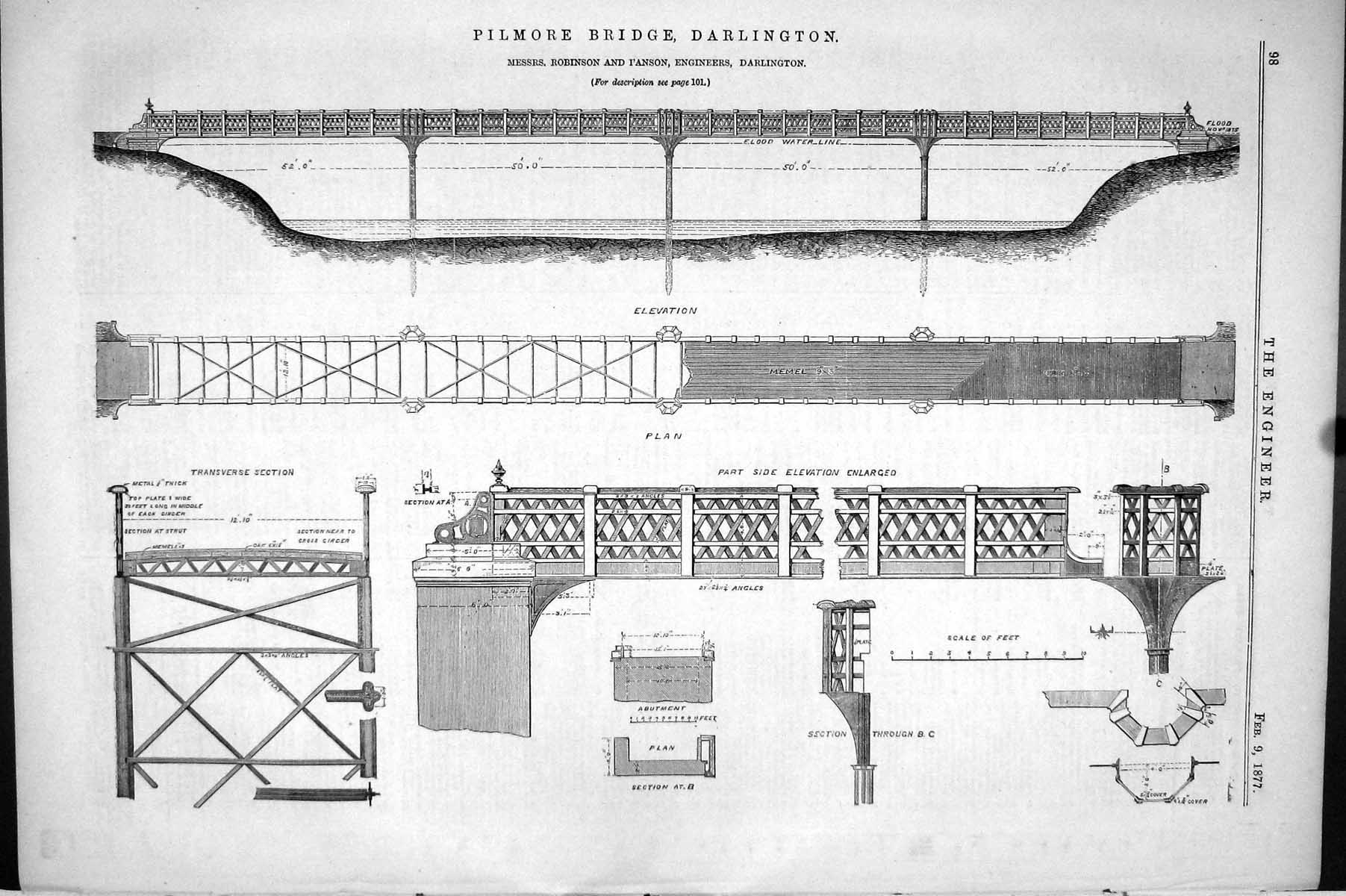 Antique Old Print 1877 Pilmore Bridge Darlington Robinson I'Anson Darlington
