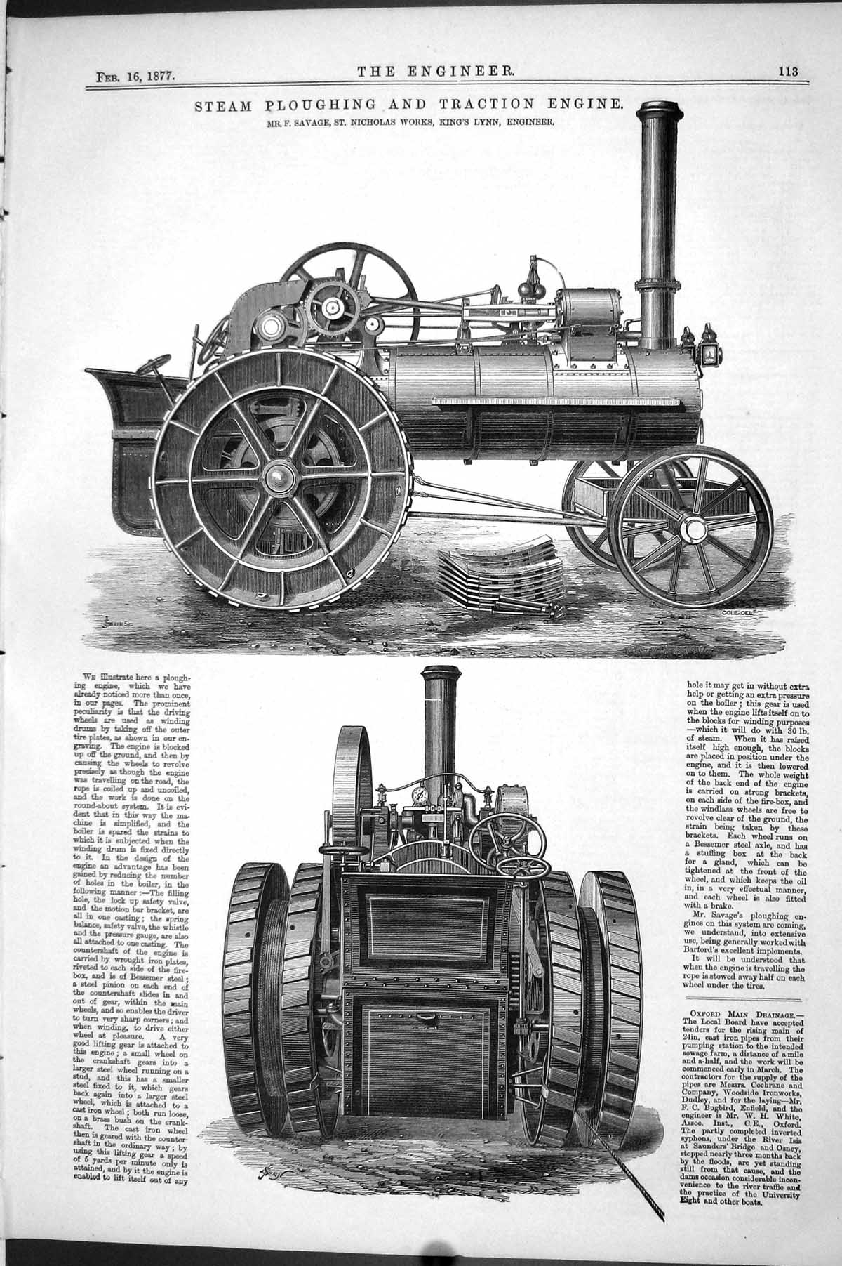 Old Print 1877 Steam Ploughing Traction Engine Savage Nicholas Machinery 19th