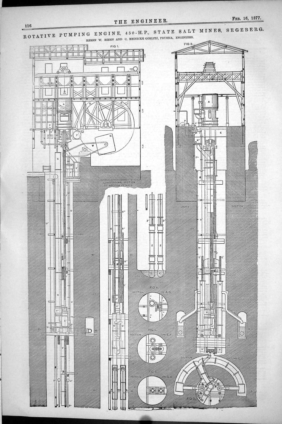 Antique Print 1877 Rotative Pumping Engine State Salt Mines Segeberg Riehn 19th