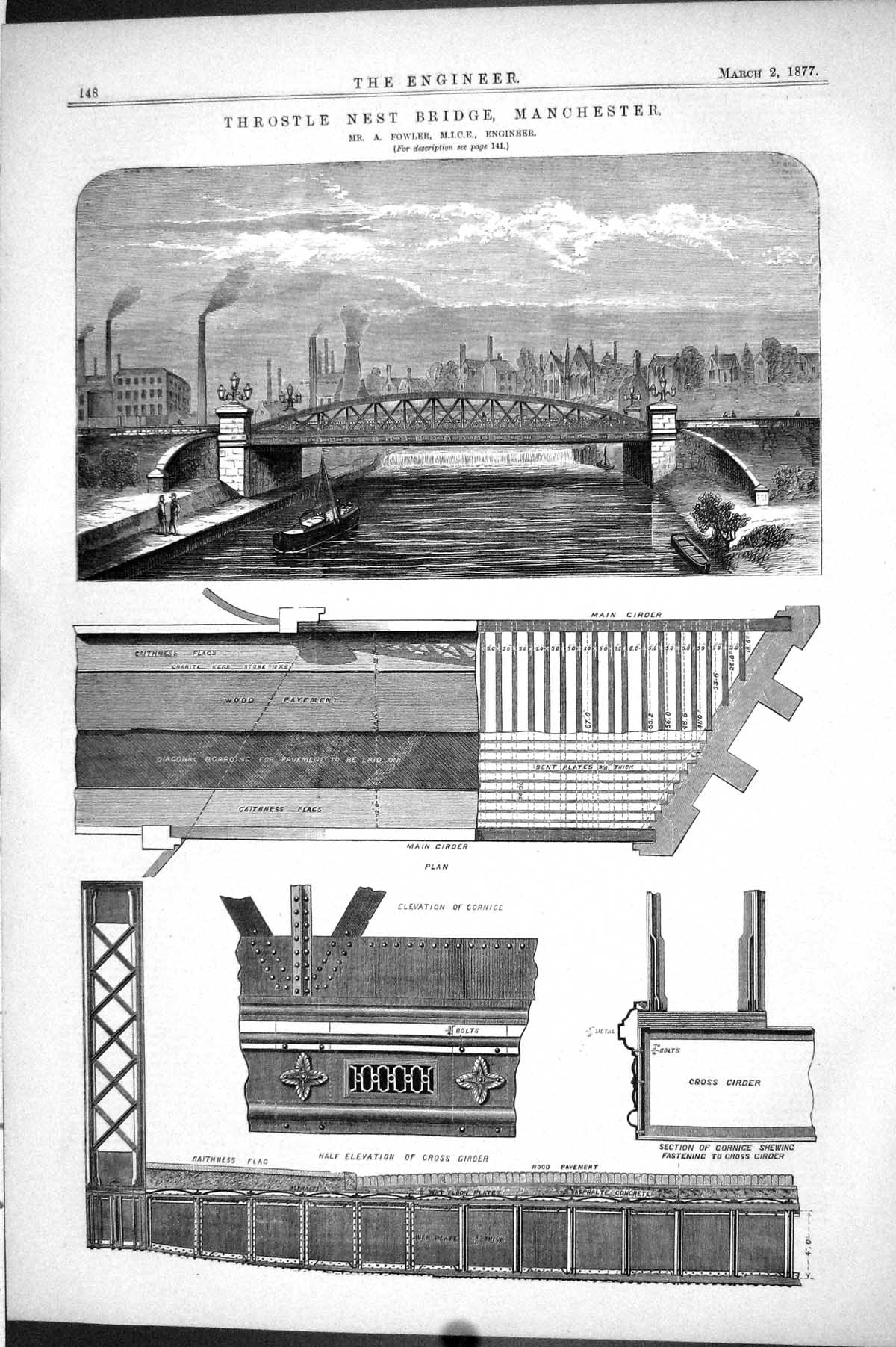 Antique Old Print 1877 Throstle Nest Bridge Manchester Fowler Caithness Flag