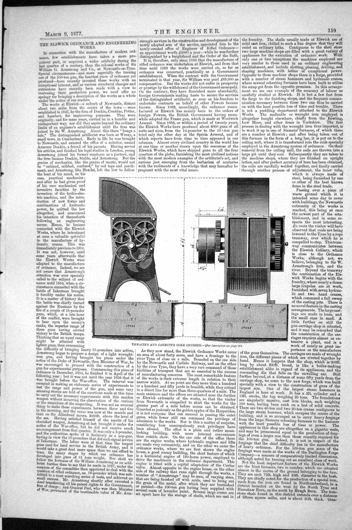 Antique Old Print 1877 Engineering Thwaites Carbutts Coke Crusher Machinery