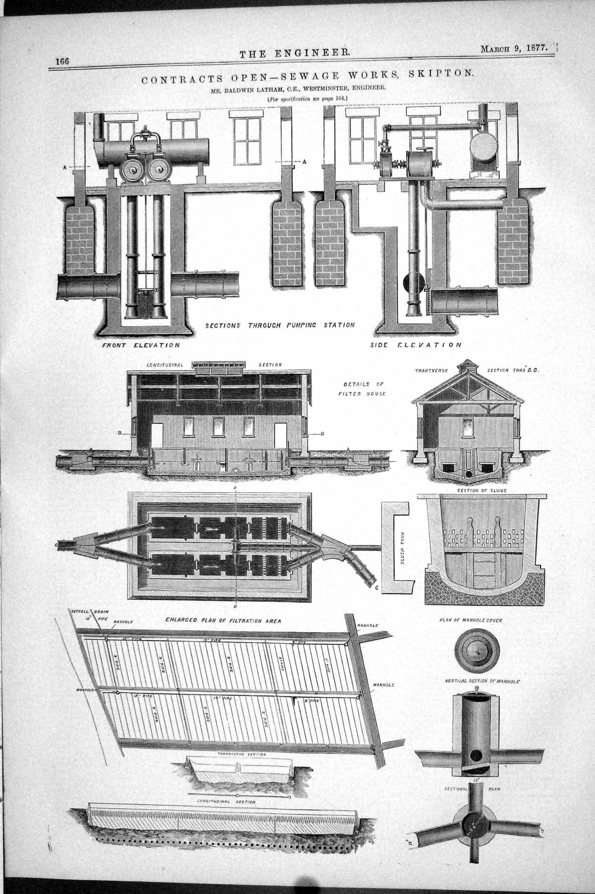 Antique Old Print 1877 Contracts Open Sewage Works Skipton Latham Instruments