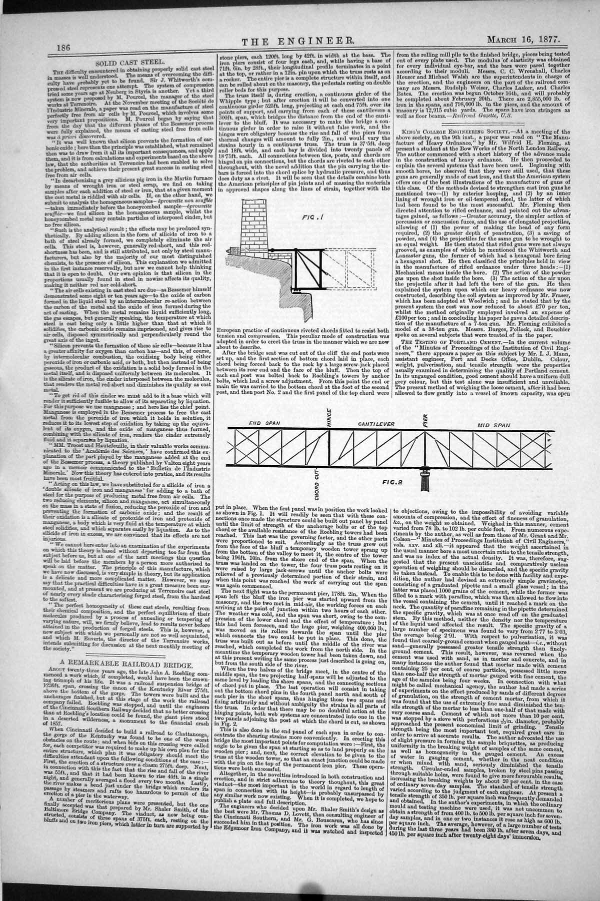Original Old Antique Print 1877 Engineering Railroad Bridge Cantilever Mid Span