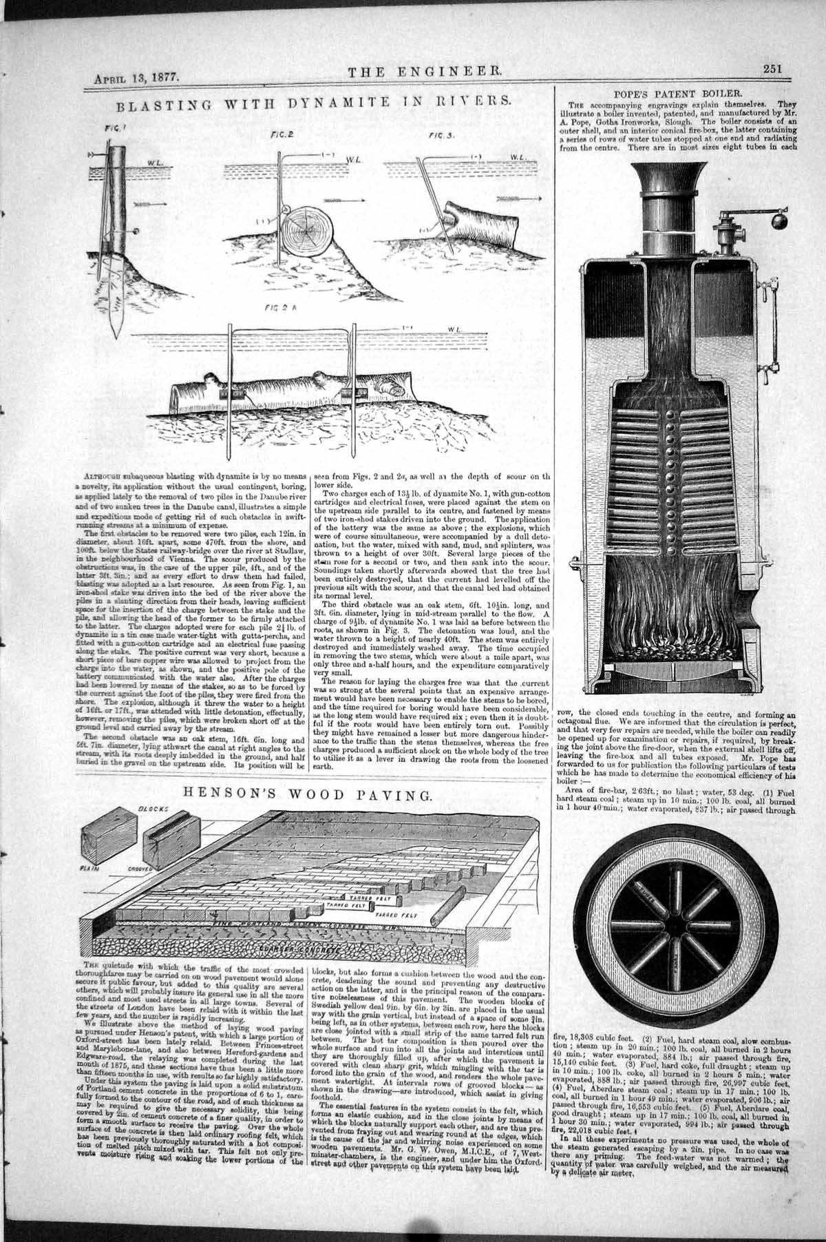 Old Print Hensons Wood Paving Pope'S Boiler 1877 Blasting Dynamite Rivers 19th